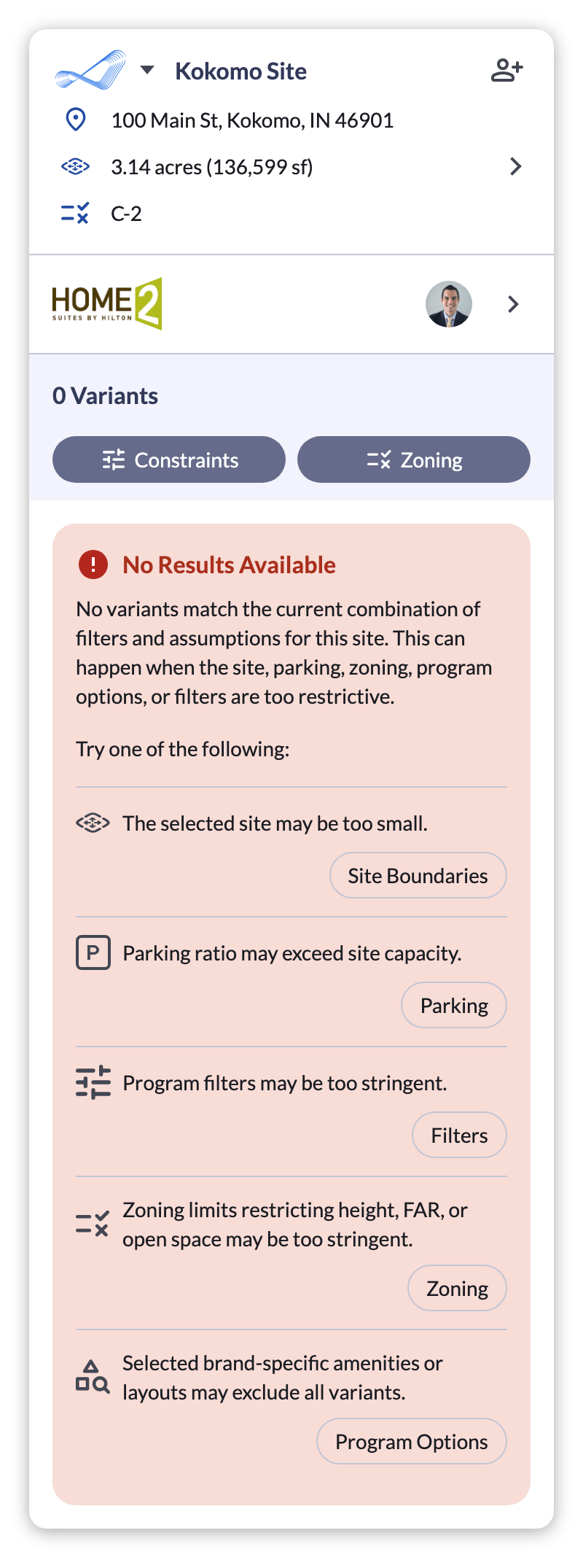 Project panel with the No Results Available card listing five possible causes, each with a button to the matching setting