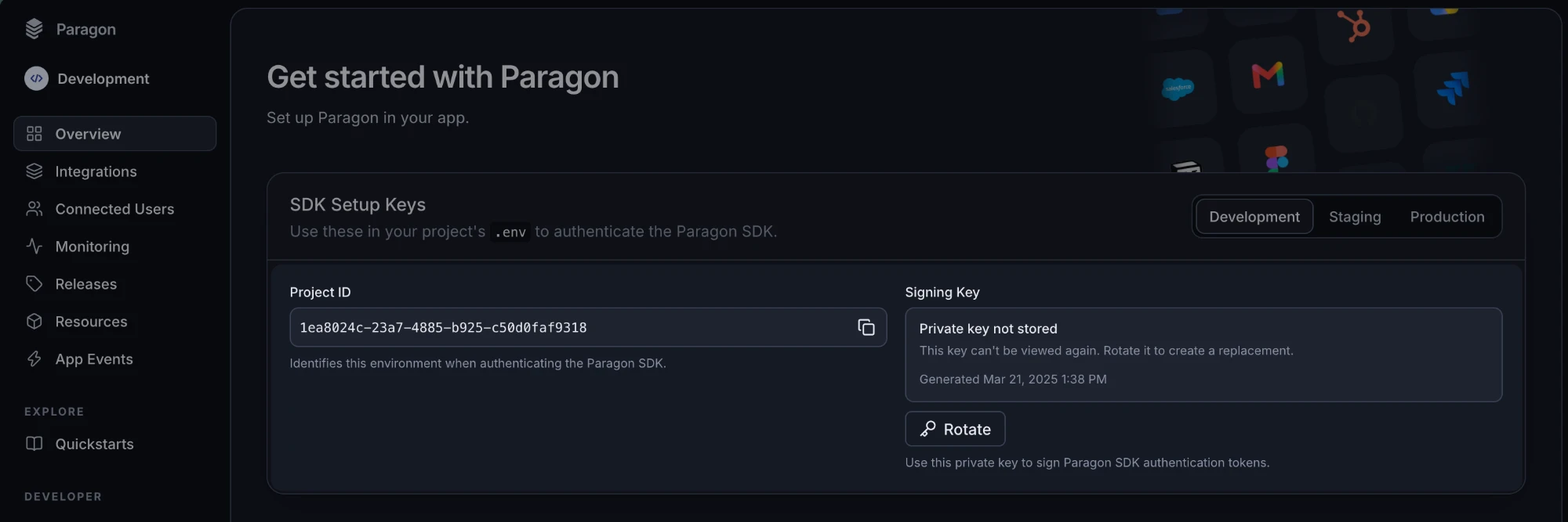 The SDK Setup Keys section of the Paragon dashboard Overview page, showing the Project ID with a copy button and the Signing Key with a Rotate button