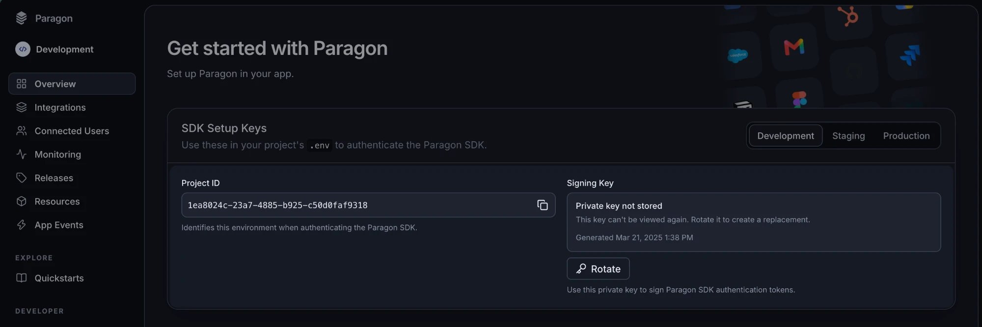 The SDK Setup Keys section of the Paragon dashboard Overview page, showing the Project ID with a copy button and the Signing Key with a Rotate button
