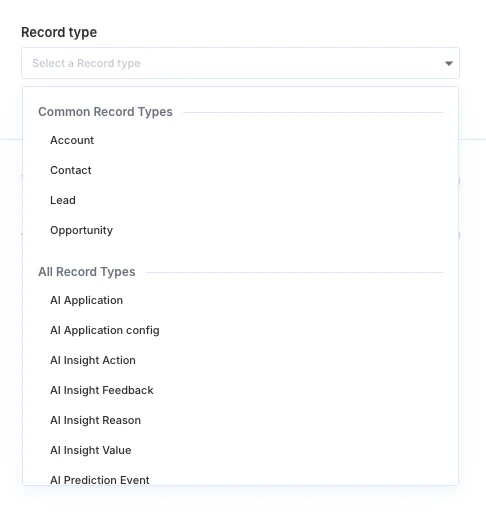Dropdown menu of Salesforce record type options