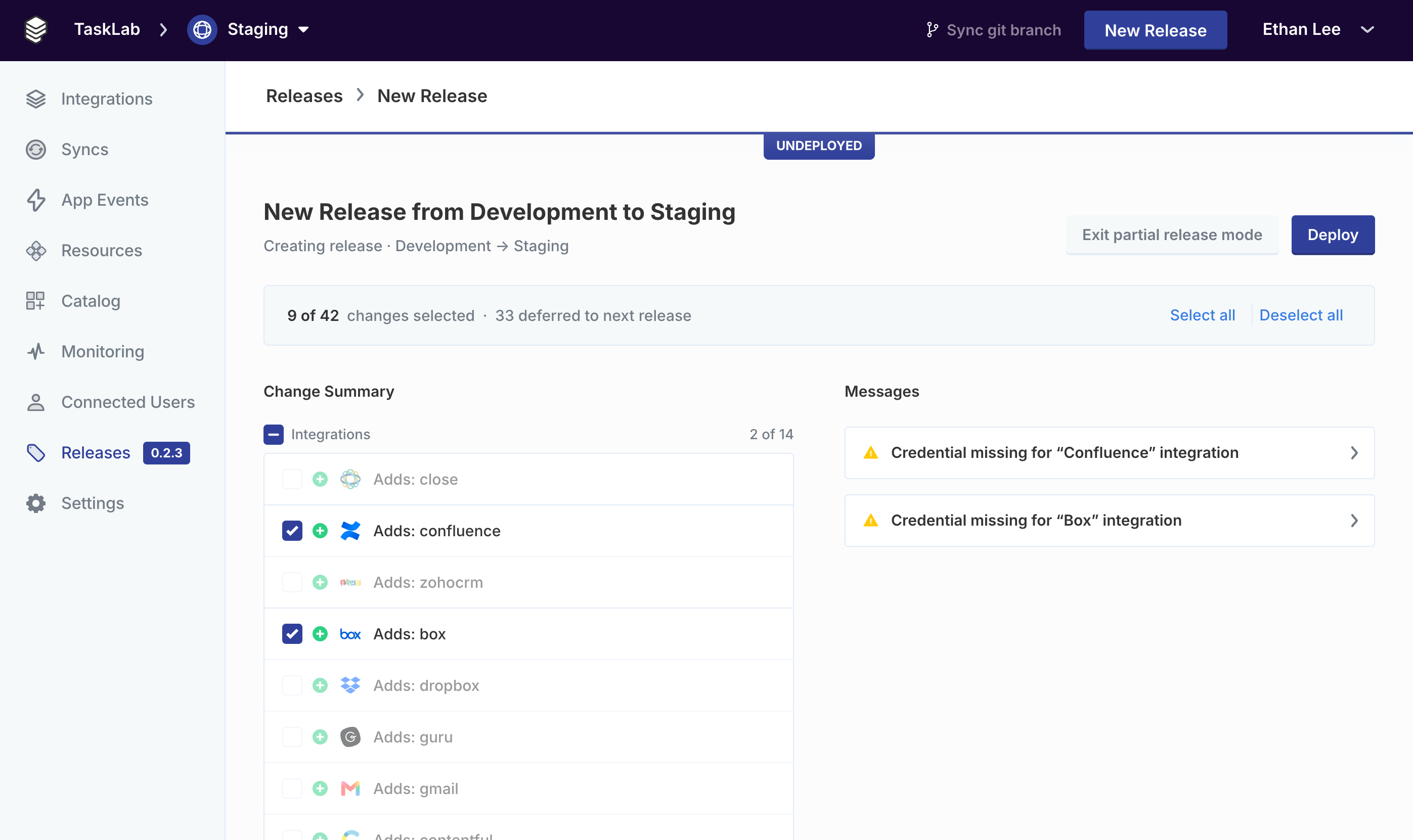 Partial Release Preview with specific changes selected and others deferred