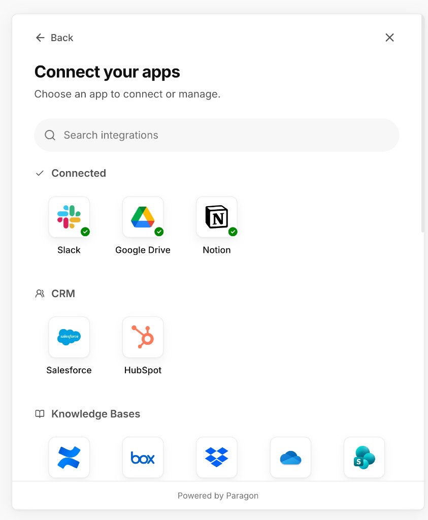 The Setup Link app catalog, showing connected apps and available integrations grouped by category