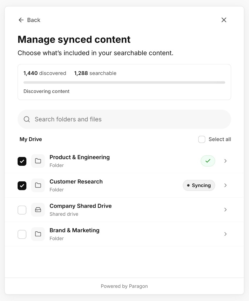 The Manage synced content page, showing discovery progress and a list of folders with checkboxes and sync status