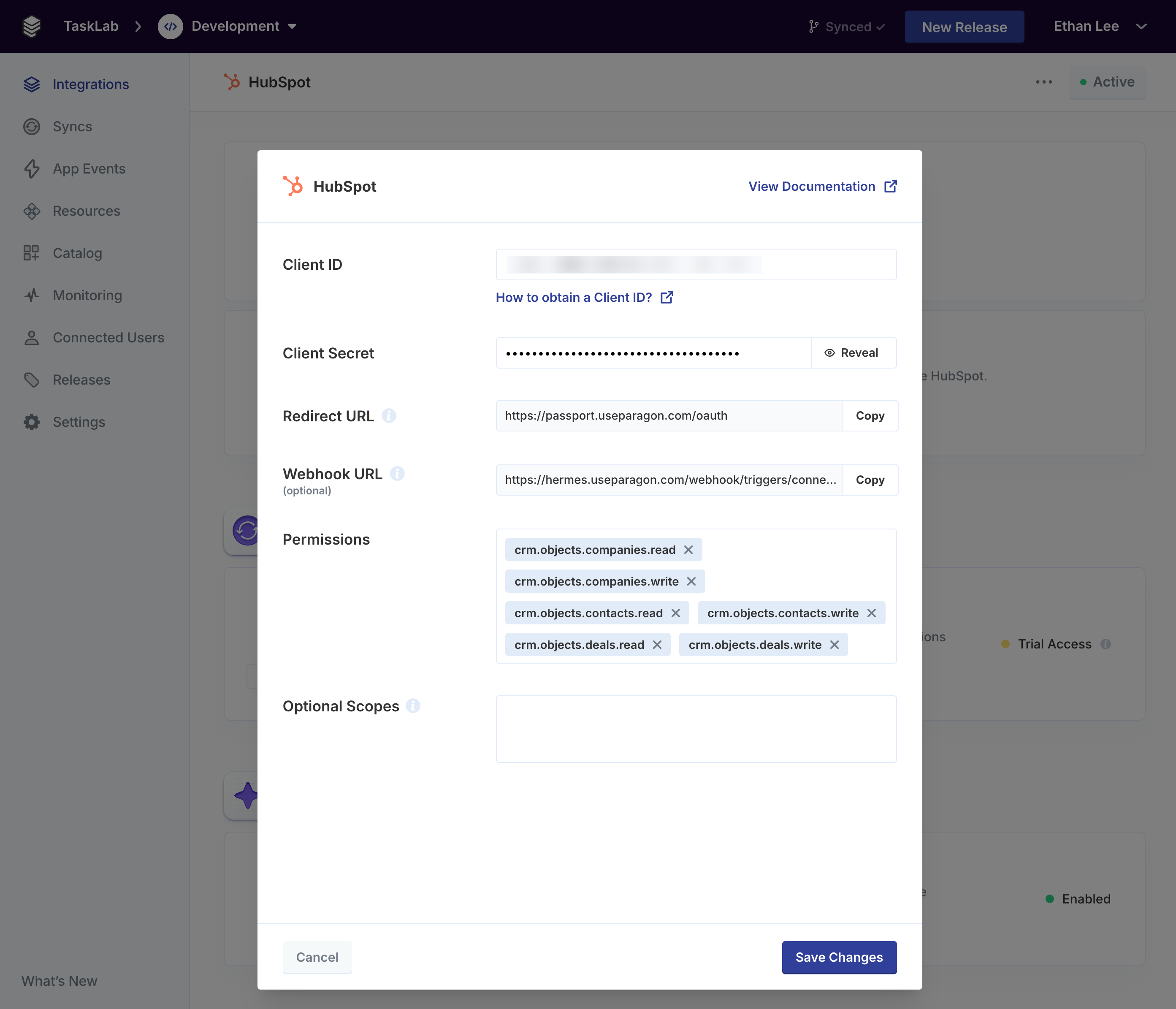 Enter HubSpot scopes in Paragon dashboard