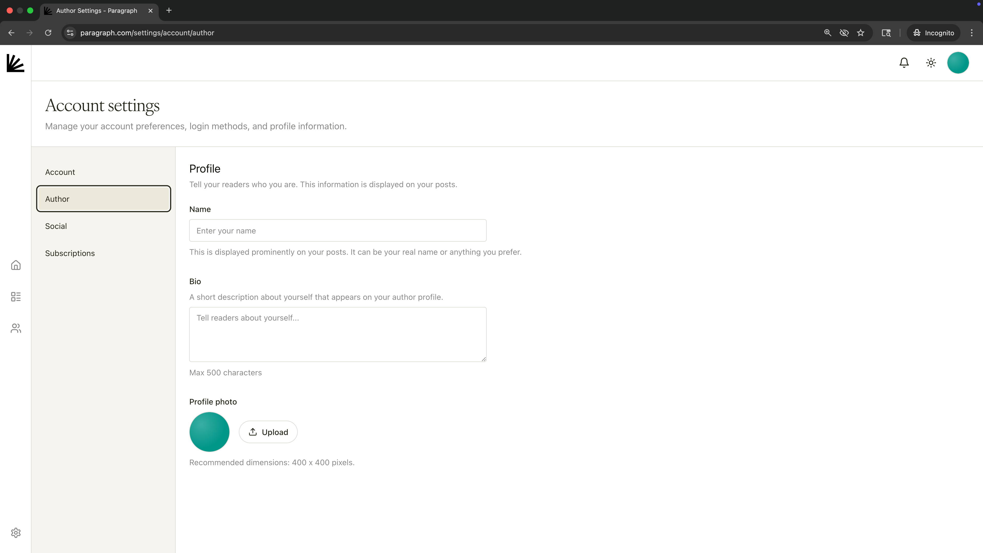 Account Settings Author Pn