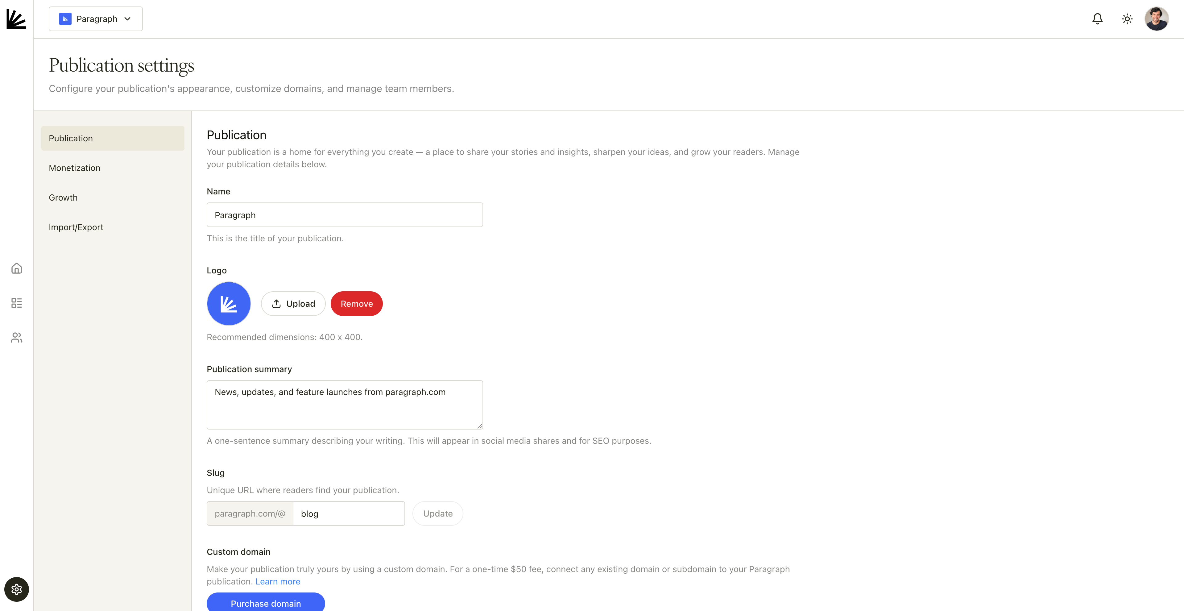 Publication Settings Pn