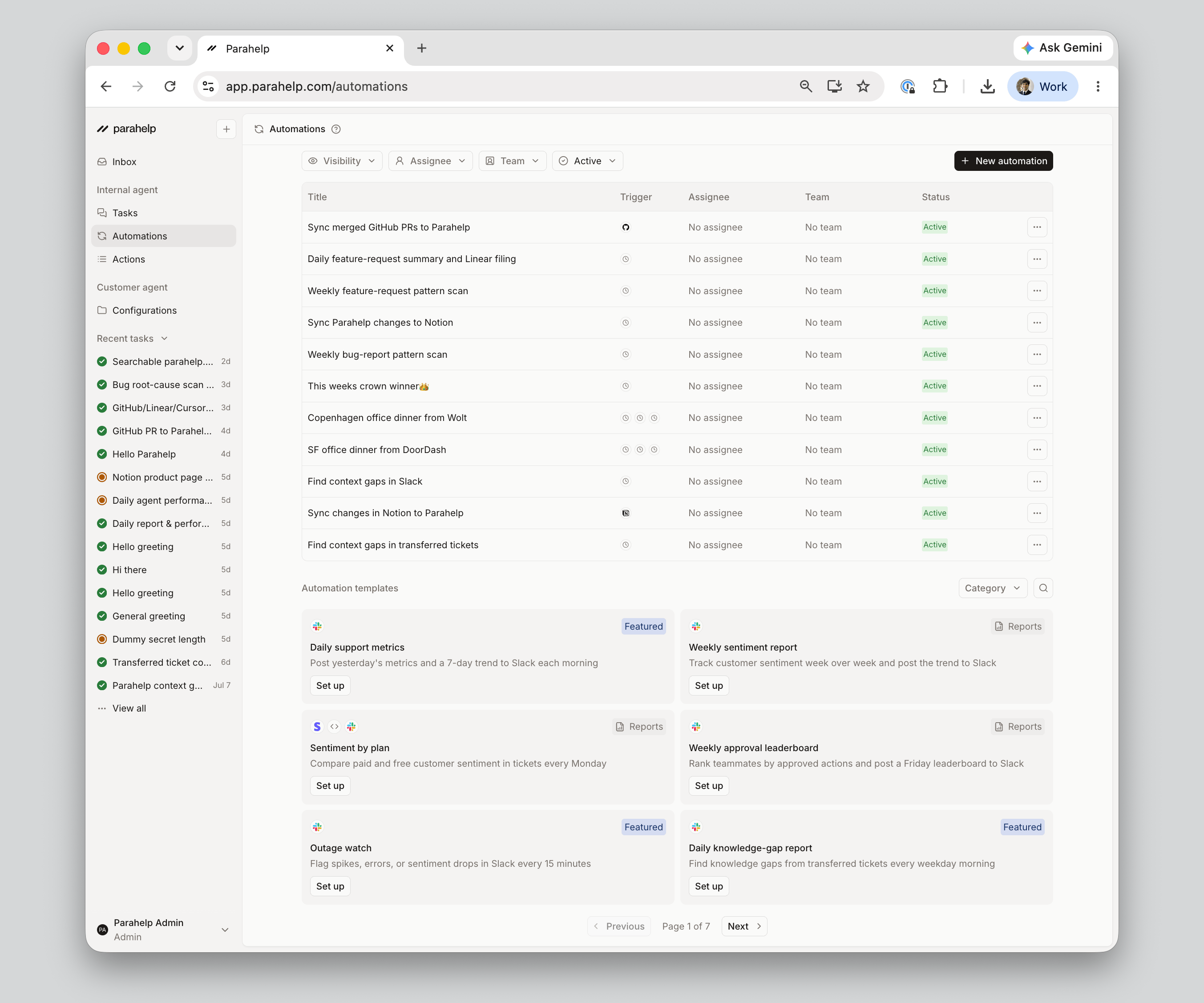 The Automations page