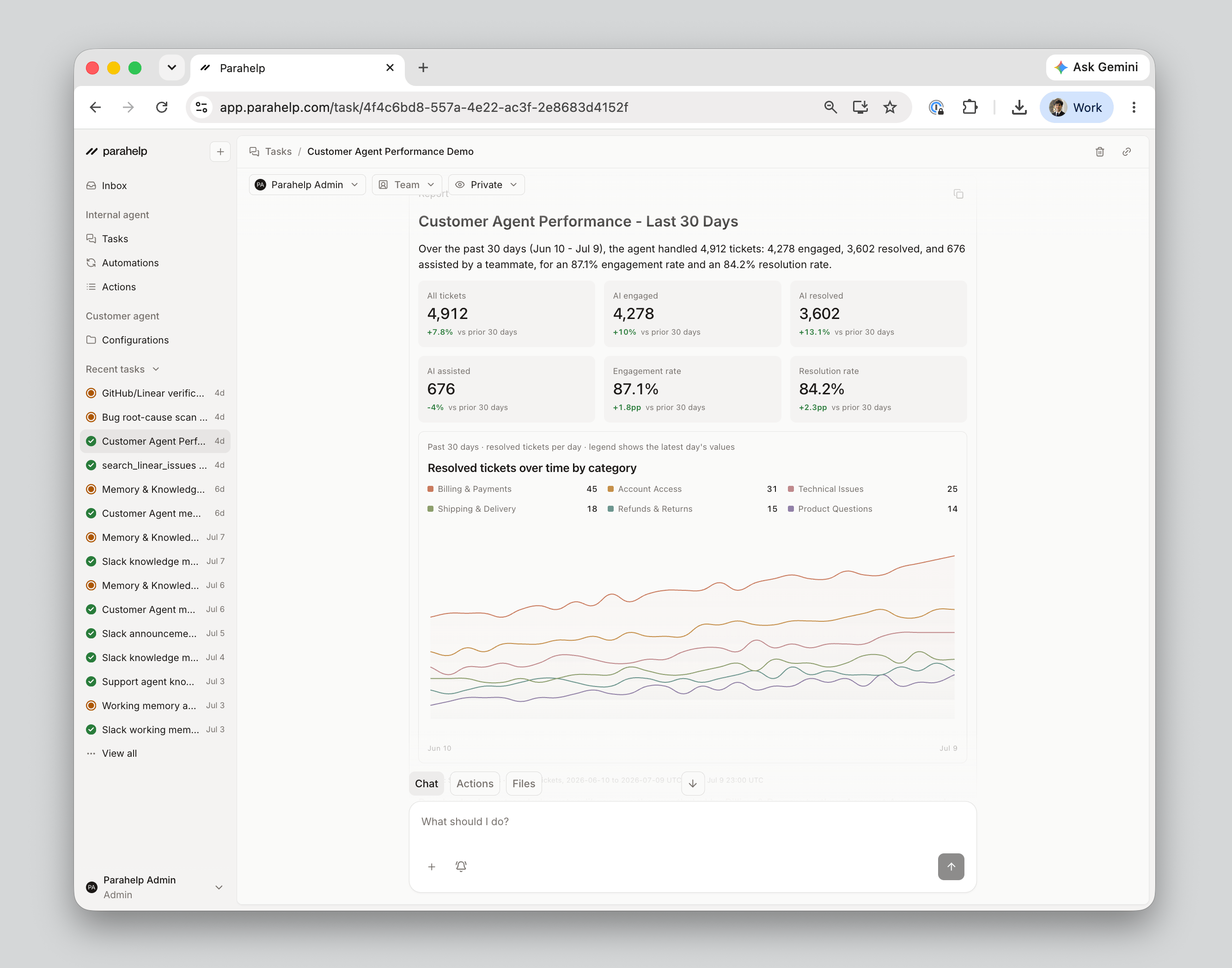 A Customer Agent Performance report for the last 30 days, generated by the Internal Agent