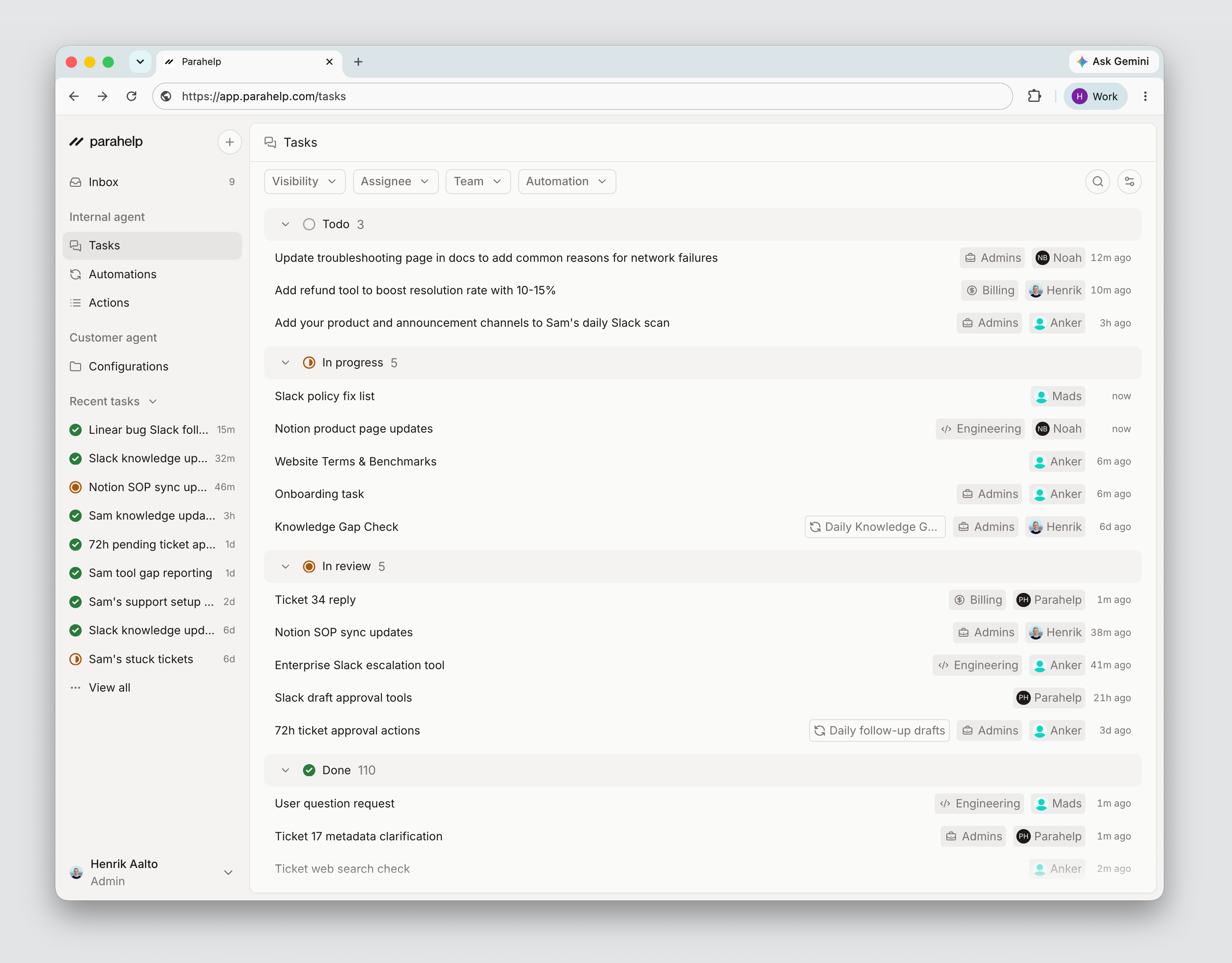 The Tasks page