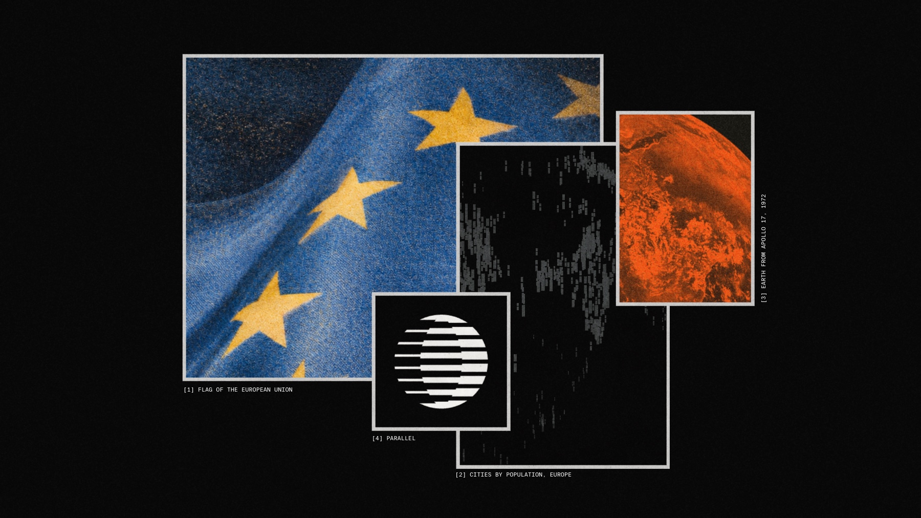 EU data residency: the flag of the European Union, a map of European cities by population, Earth from Apollo 17, and the Parallel logo