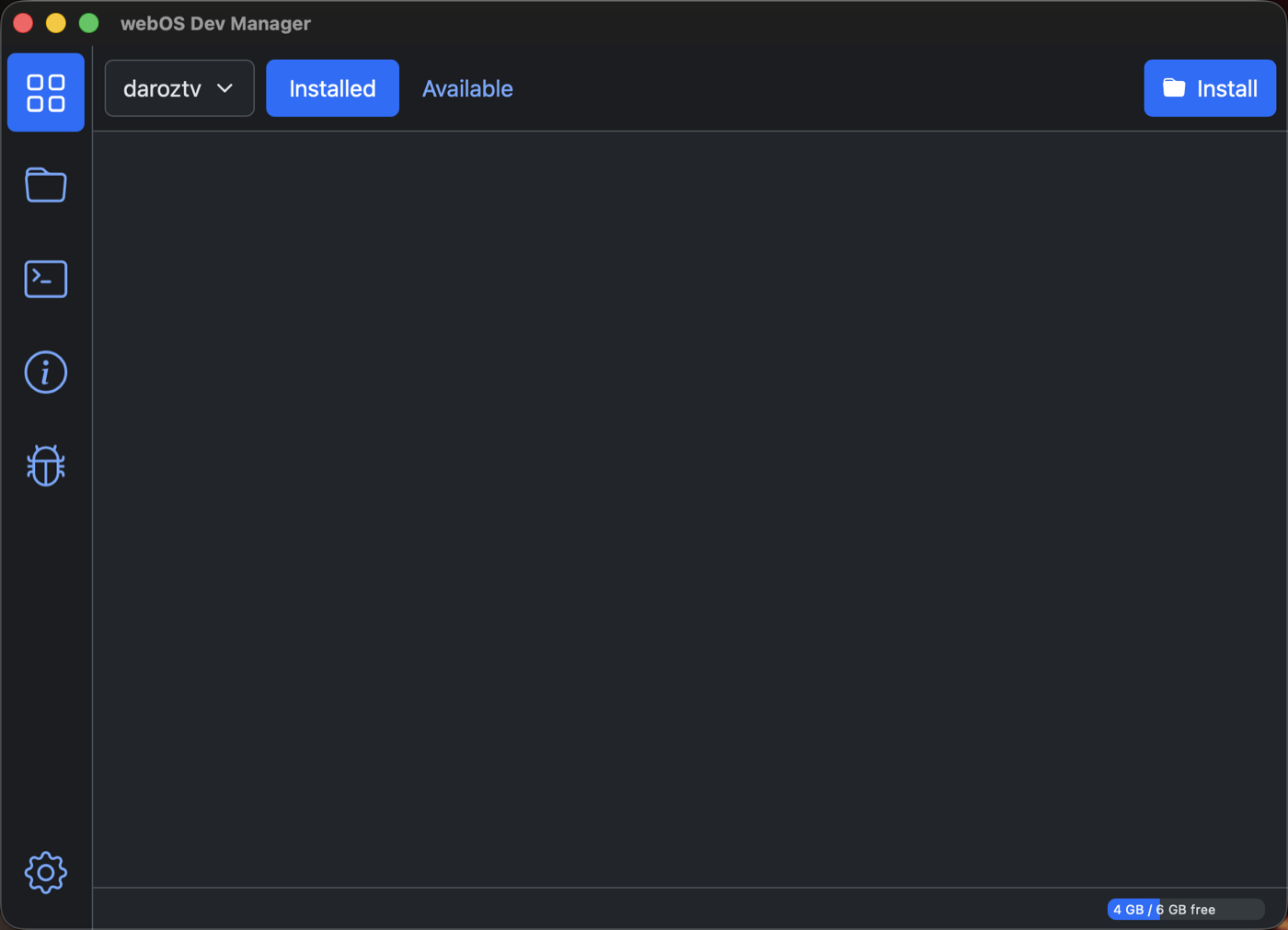 پنجرهٔ Dev Manager با تب Installed خالی و دکمهٔ آبی Install در گوشهٔ بالا-راست
