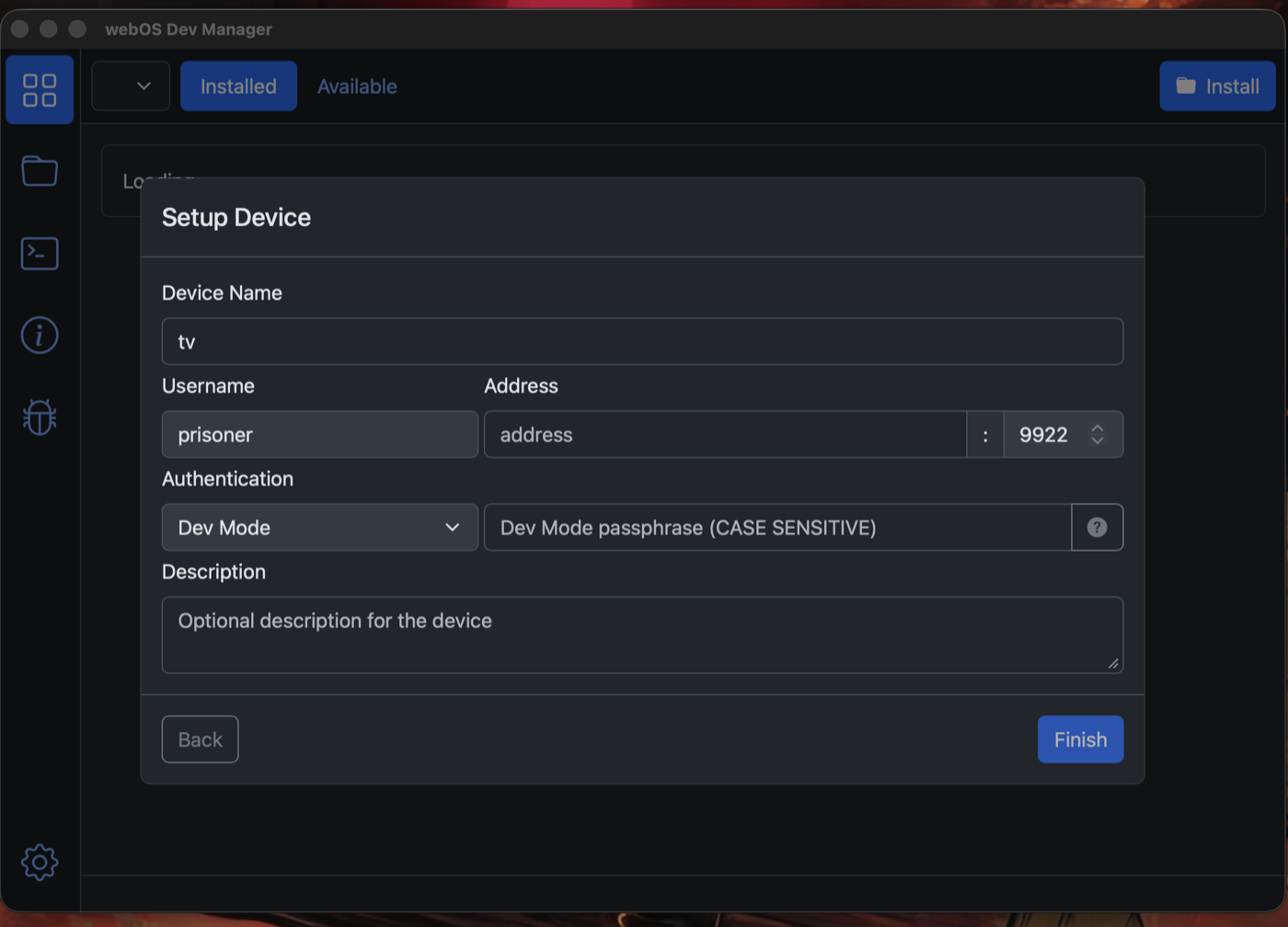 پنجرهٔ Setup Device با فیلدهای Device Name، Address و Dev Mode passphrase