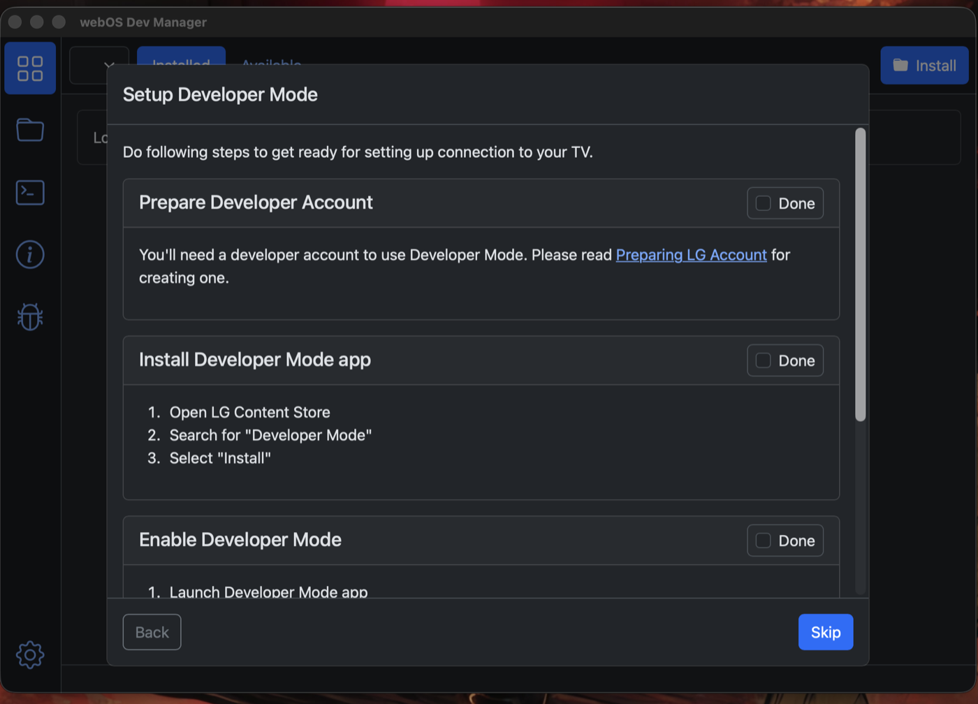 پنجرهٔ Setup Developer Mode با سه قدم: ساخت حساب، نصب اپ Developer Mode، و روشن کردنش