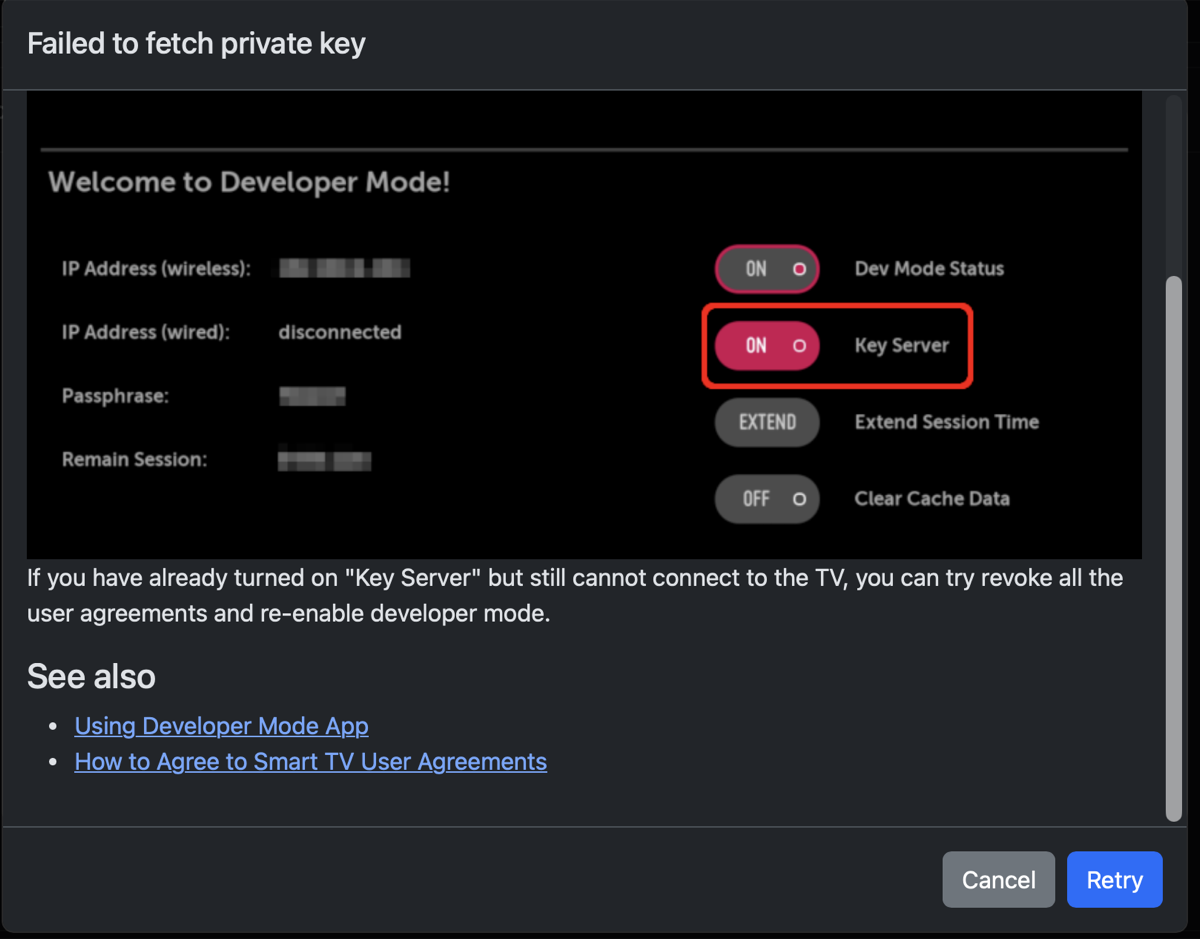 پنجرهٔ خطای Dev Manager با متن Failed to fetch private key و دکمهٔ Retry