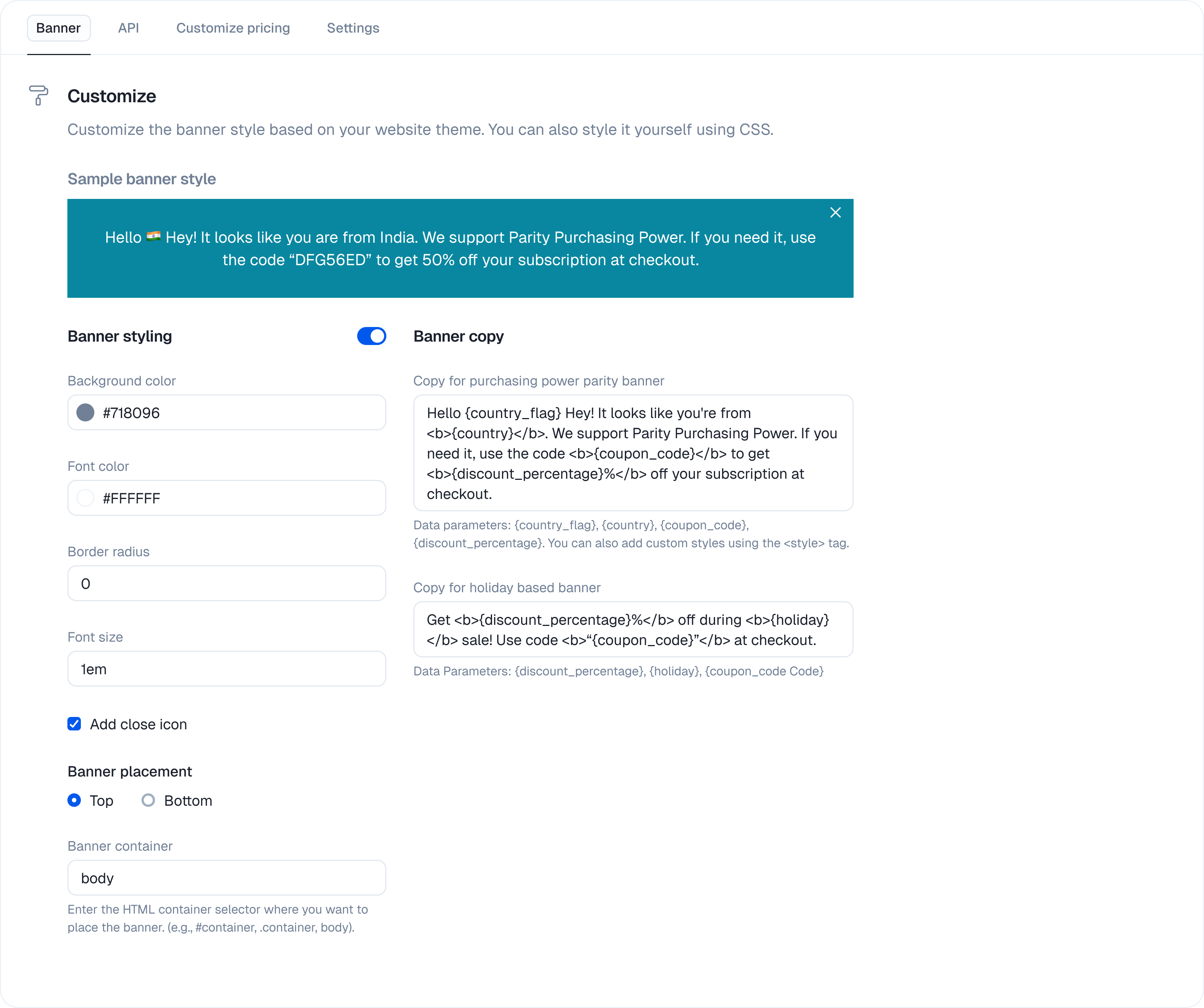 Banner customization and placement controls