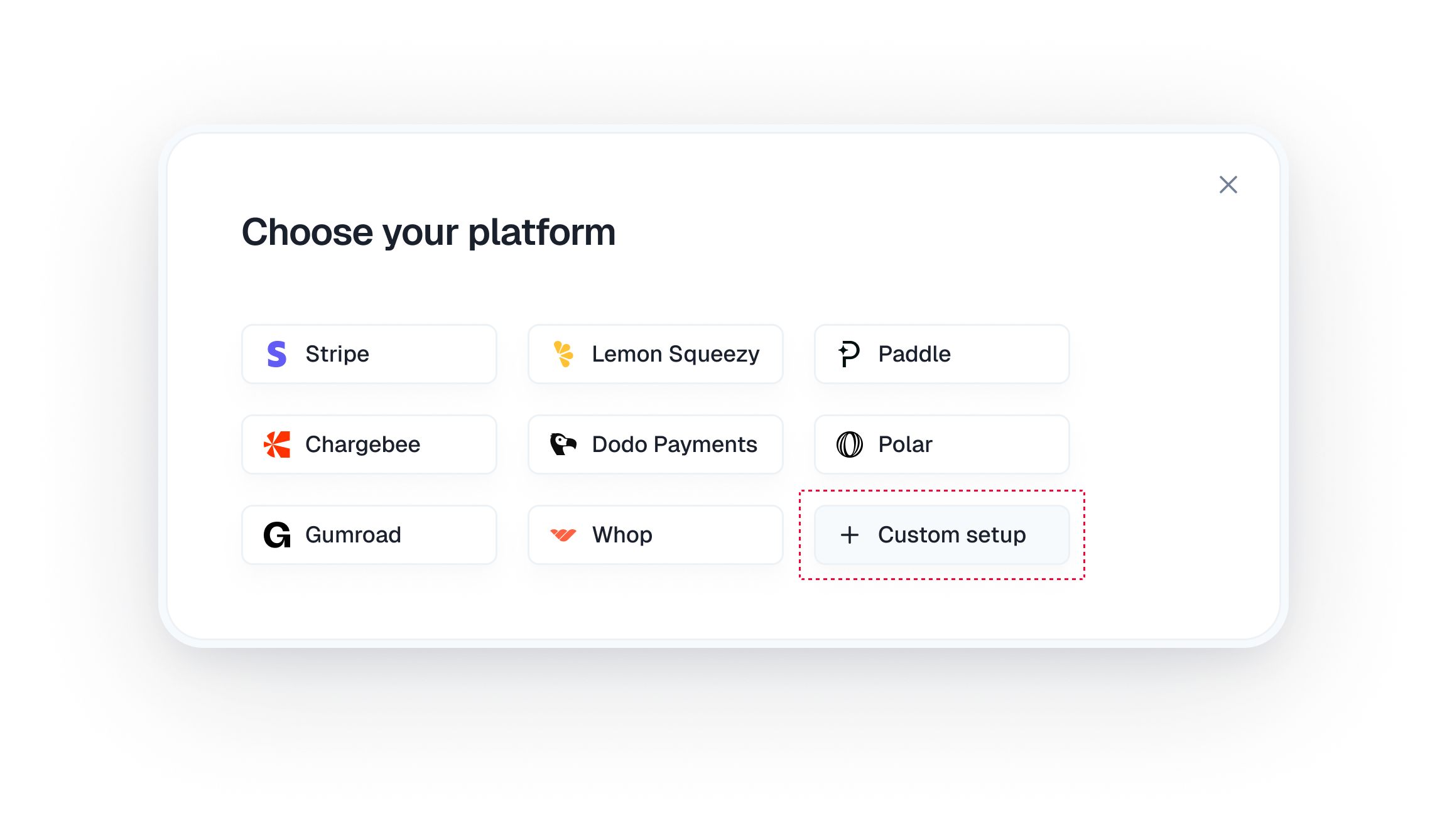 Choose platform custom setup modal