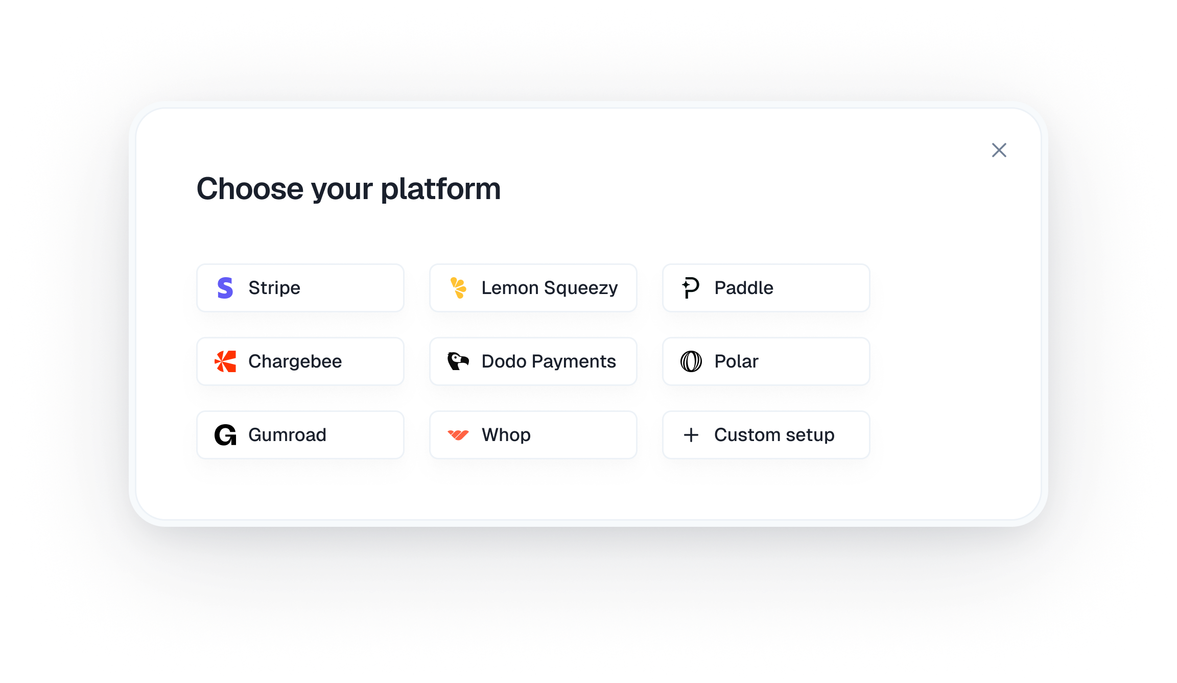 Choose your platform modal with payment logos