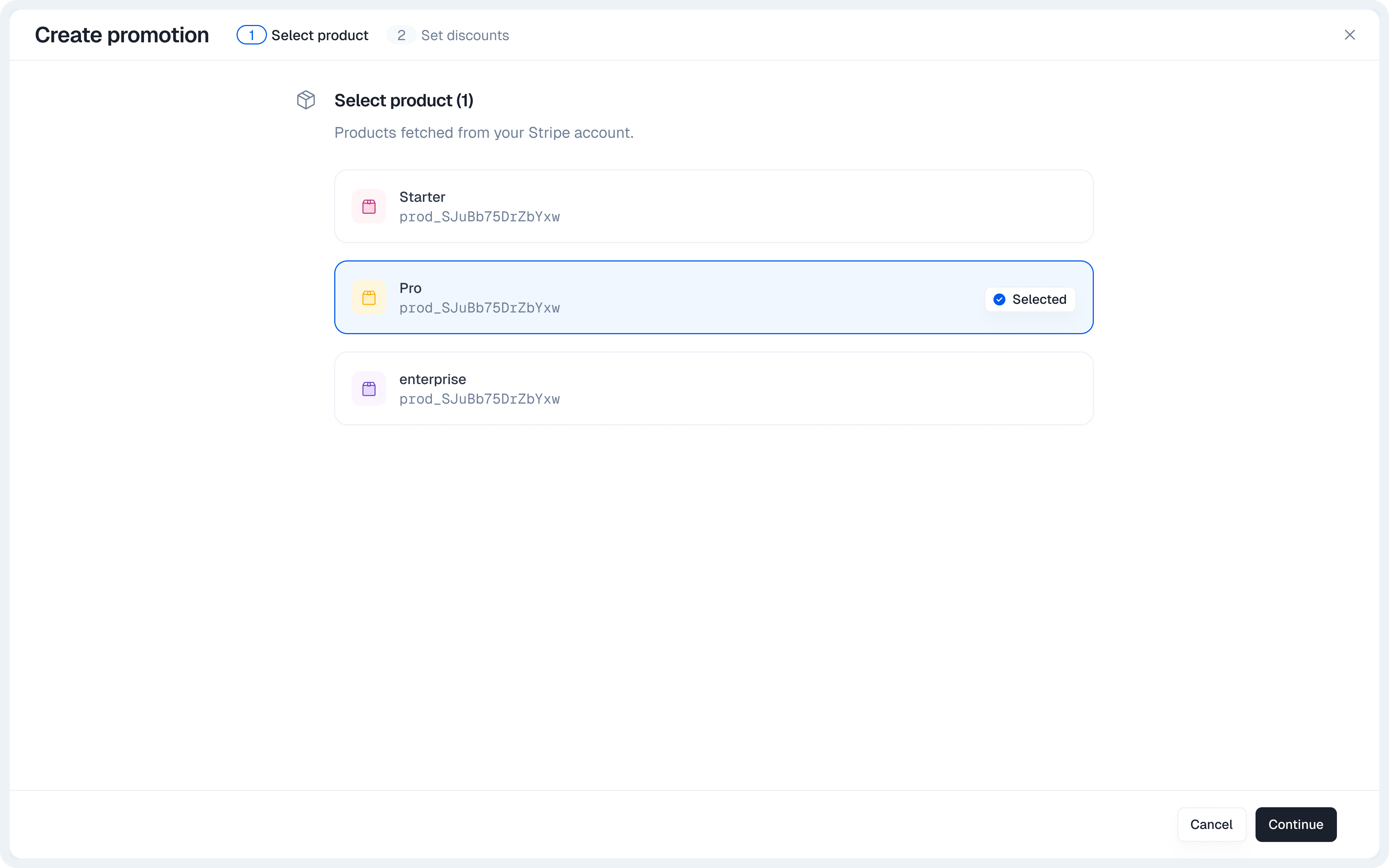 Select product screen