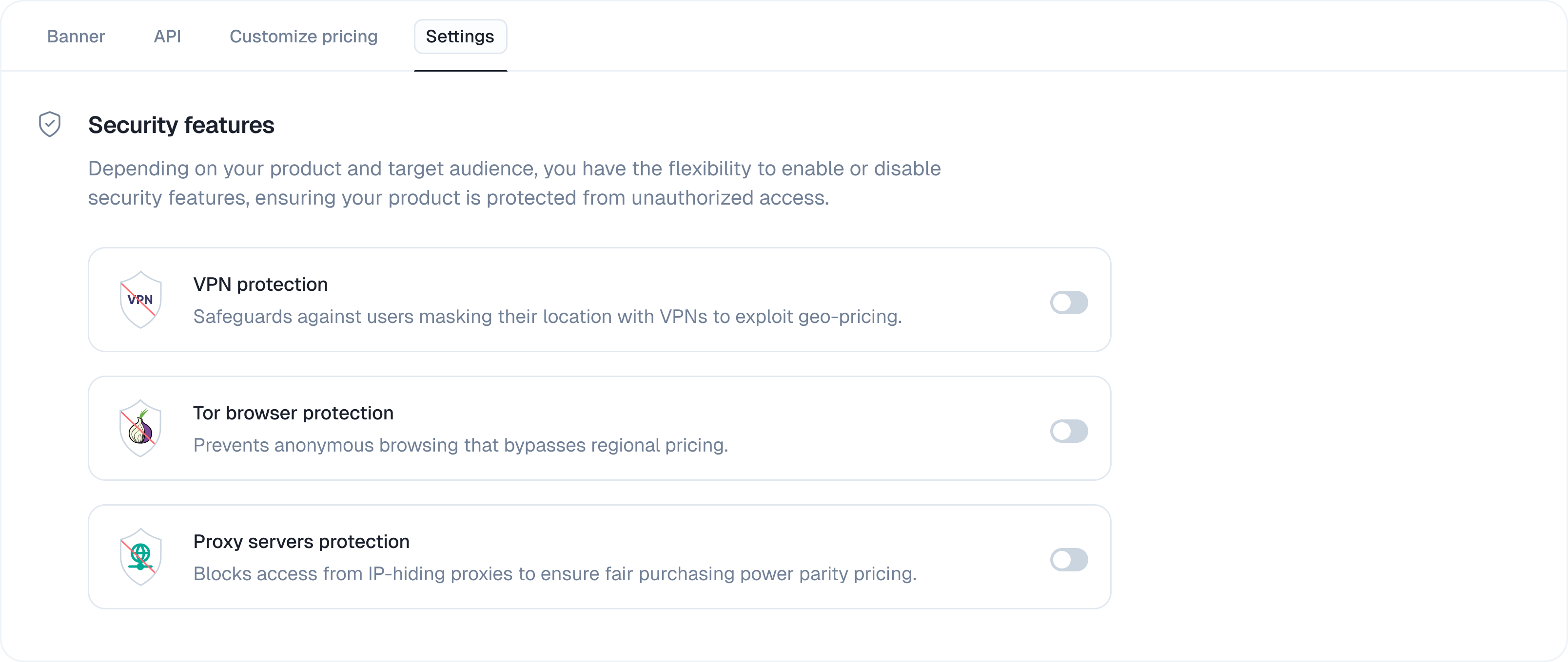 Security tab with VPN, Tor, and Proxy toggles