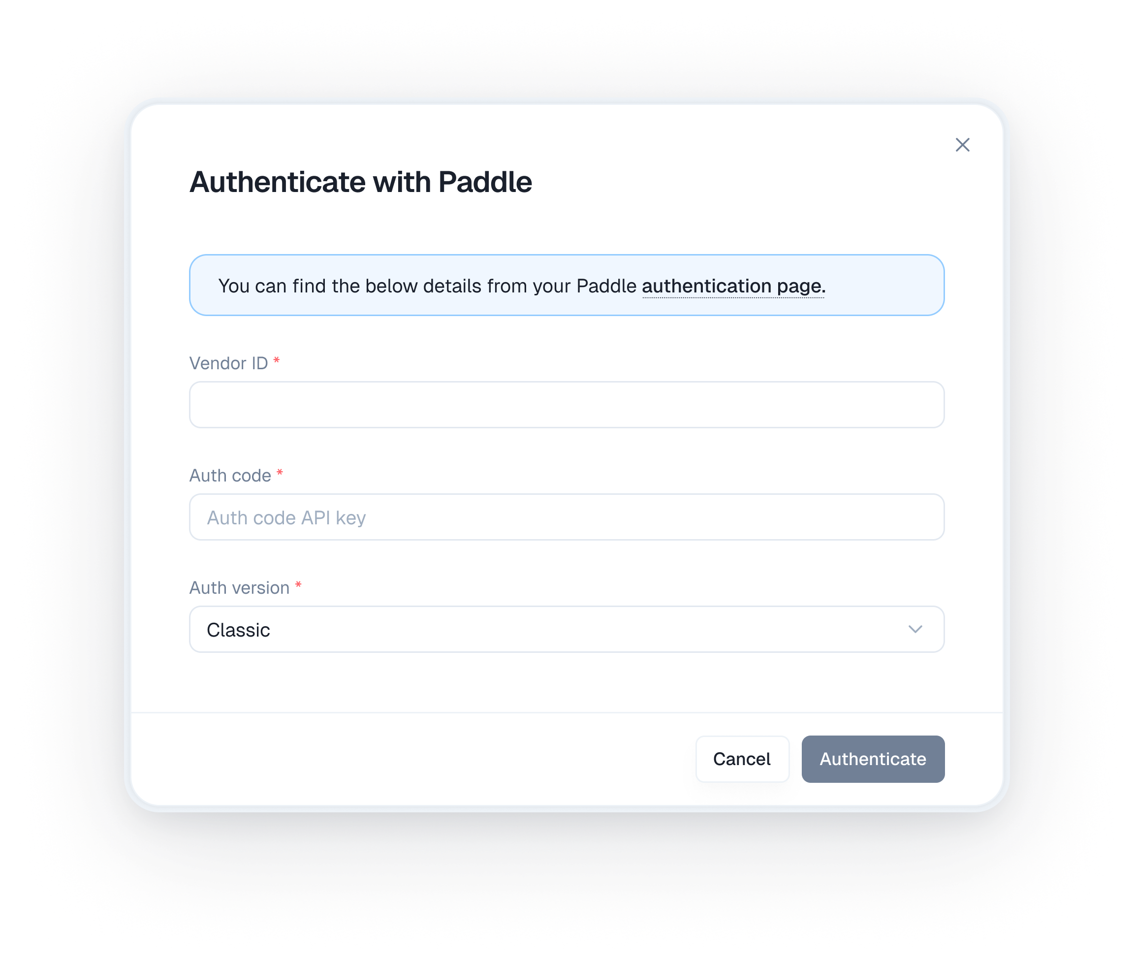 Authenticate with Paddle modal