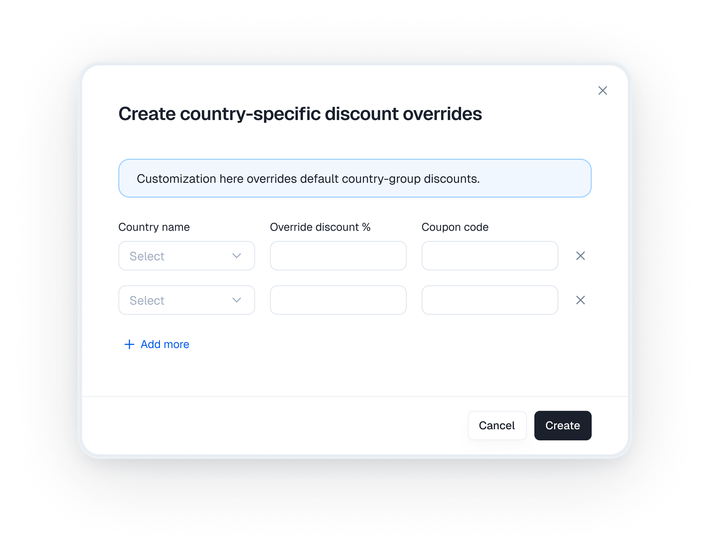 Country-specific discount overrides modal