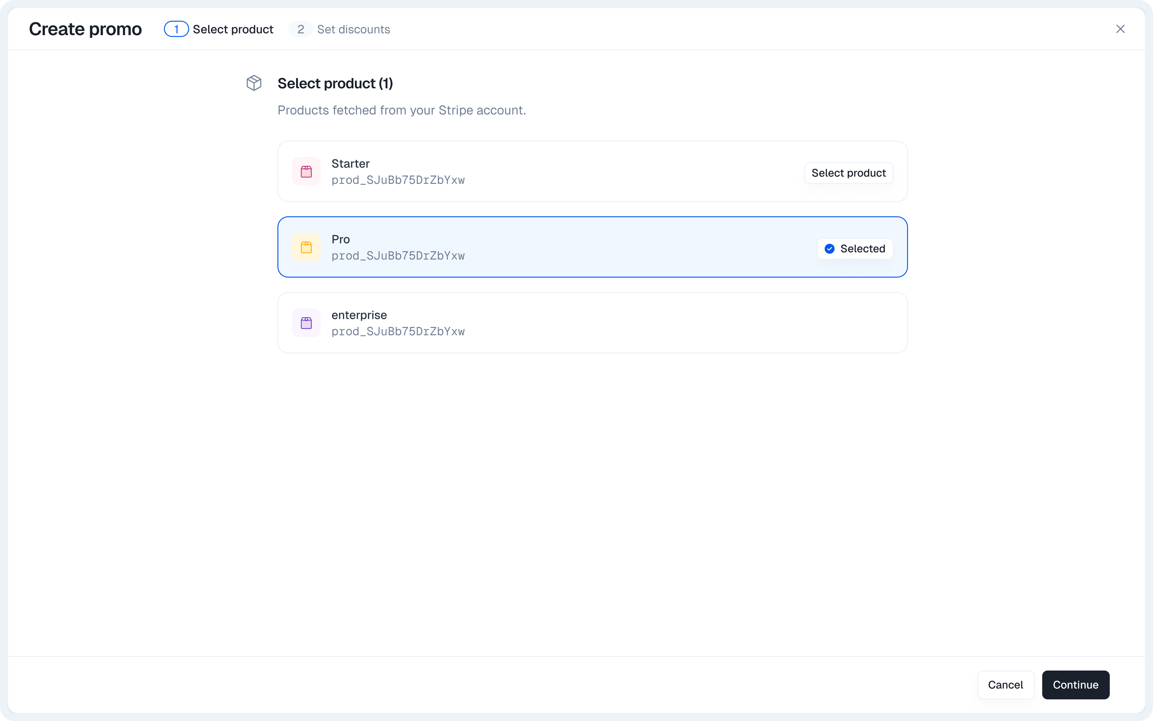 Select product screen