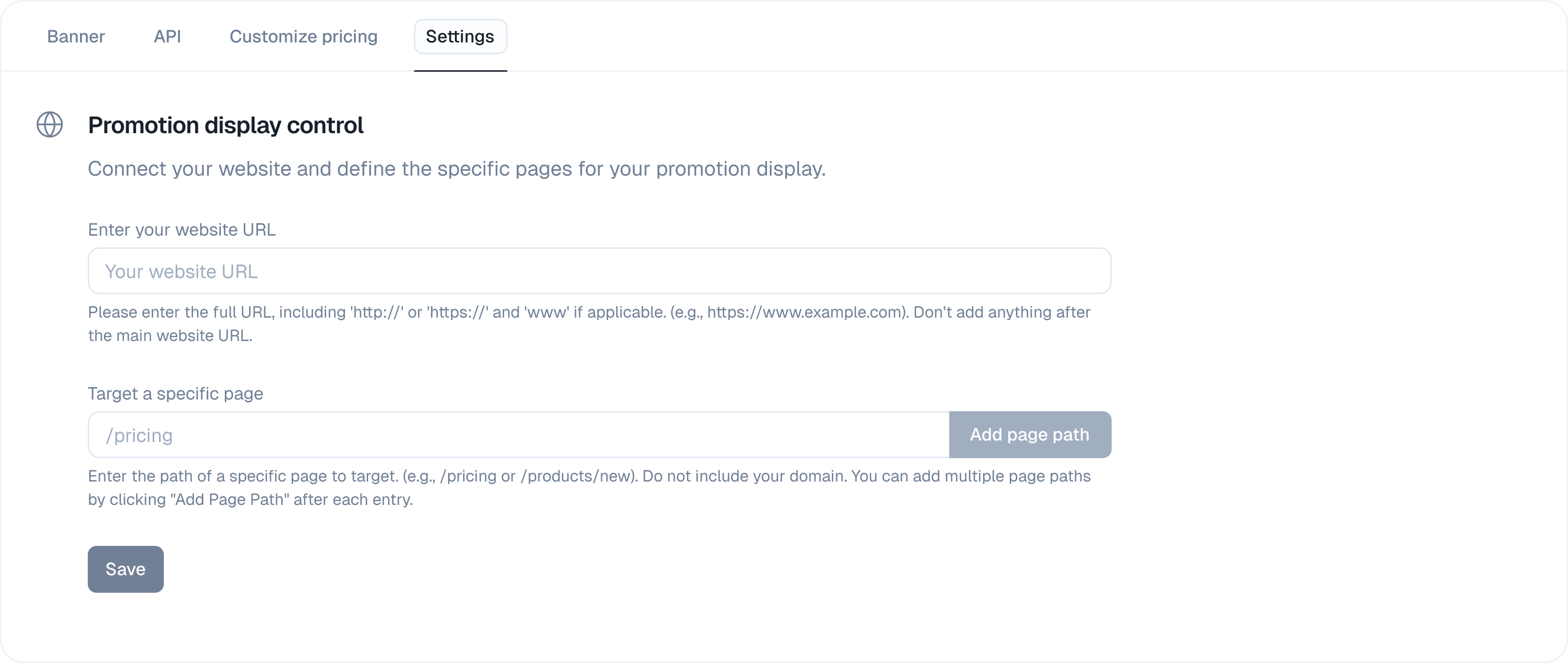 Promotion display control website URL input