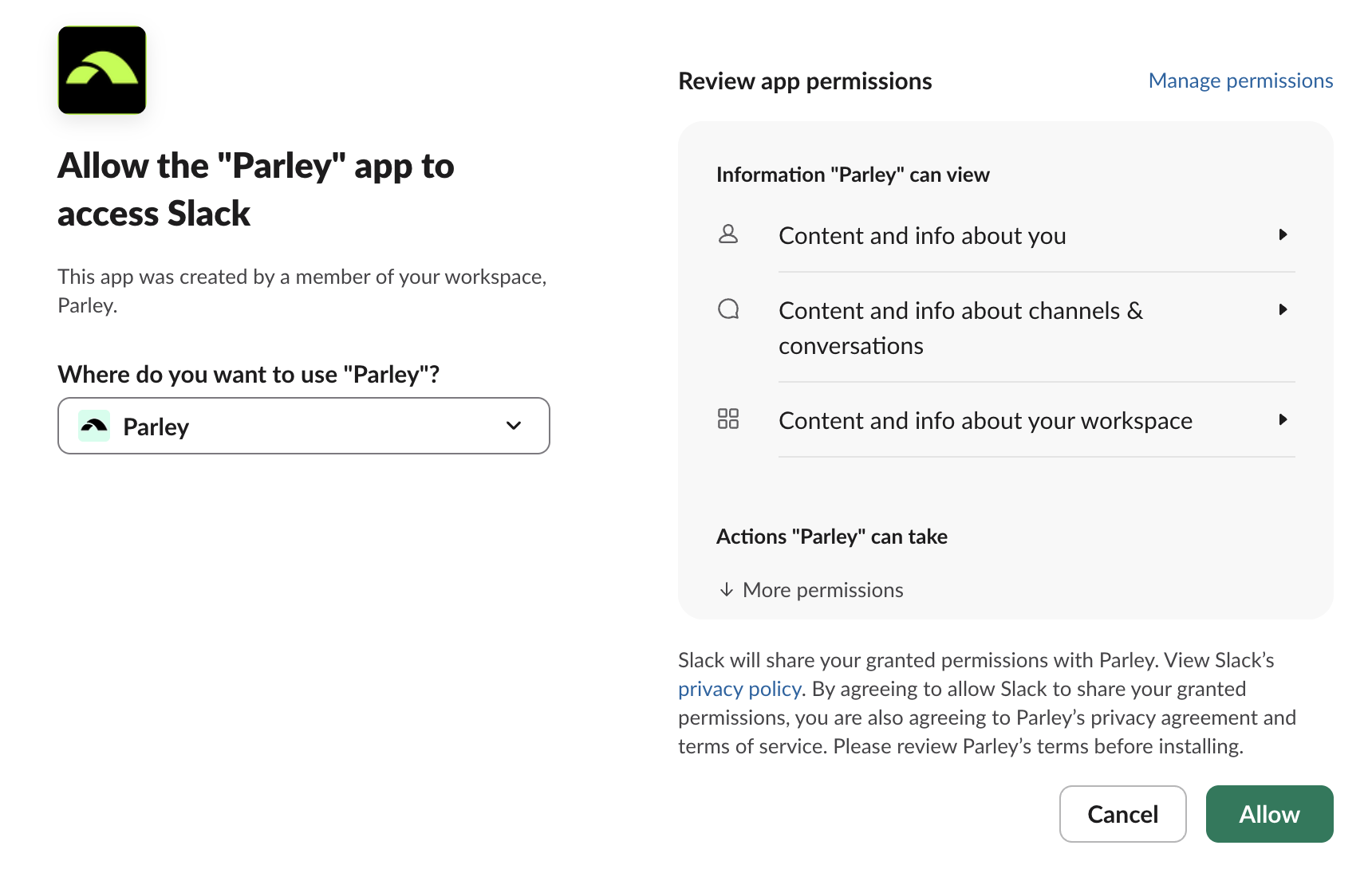 Slack's screen asking you to allow Parley to access your workspace