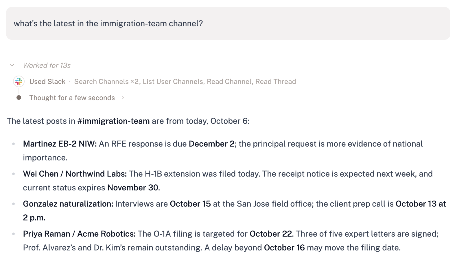 A Parley chat summarizing the latest posts in a Slack channel