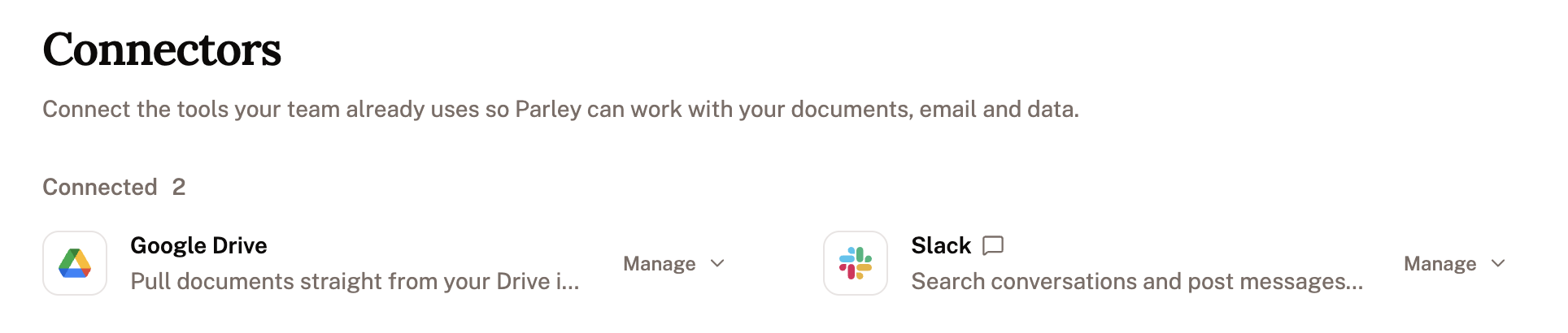 Slack listed under Connected on the Connectors page