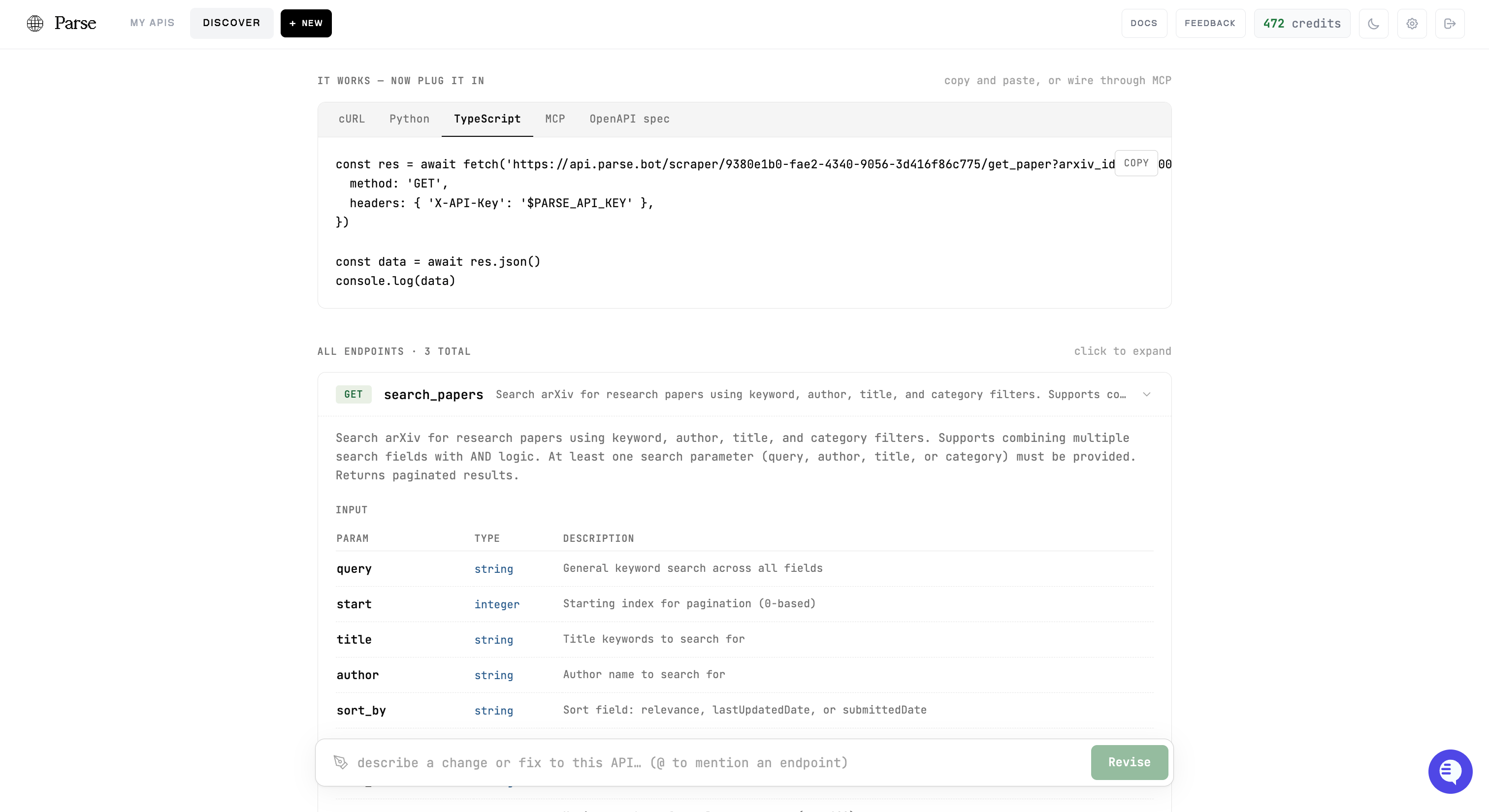 Code snippets: cURL, Python, TypeScript, MCP, OpenAPI