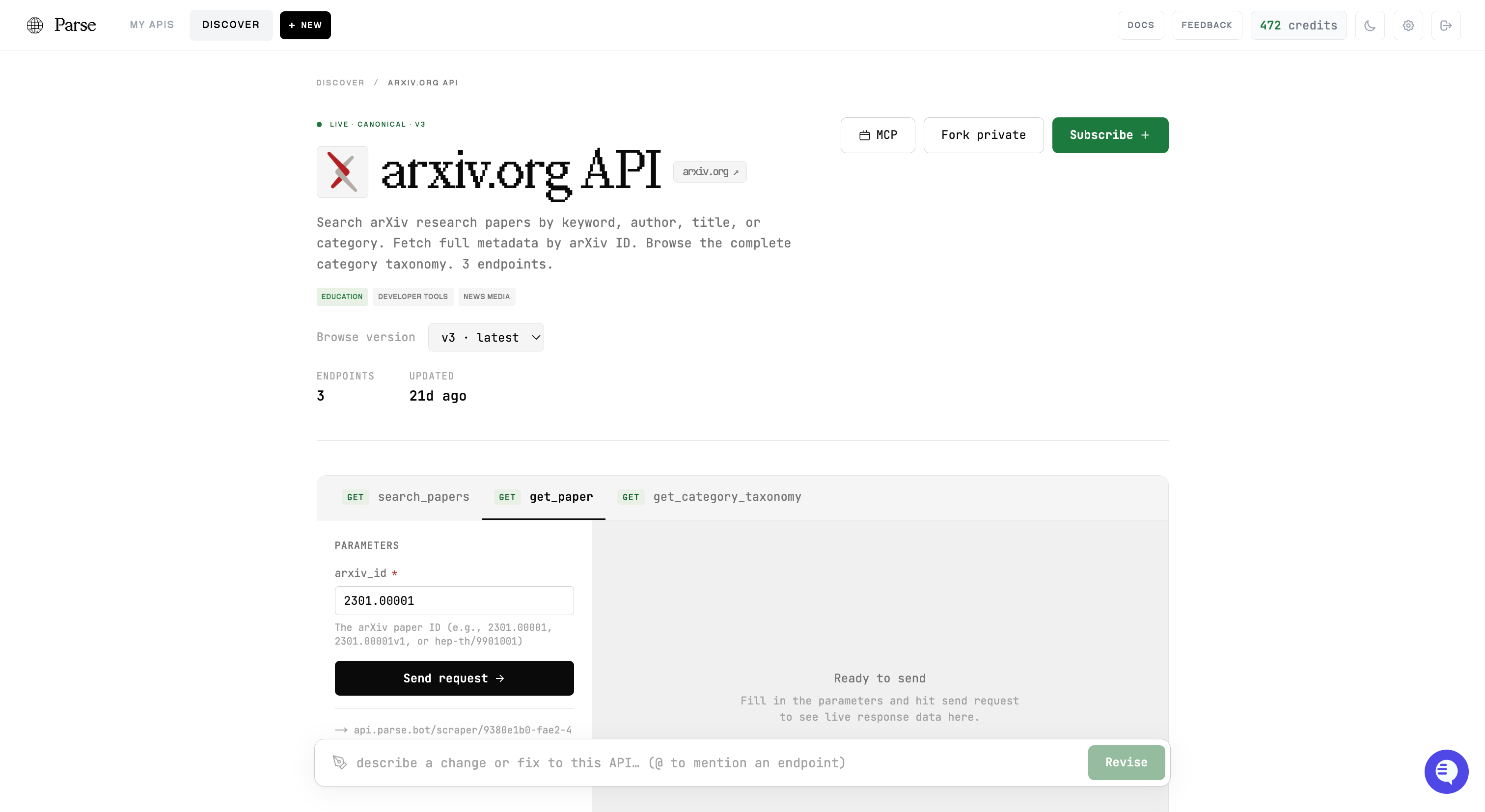 API detail with endpoint tester and revision bar