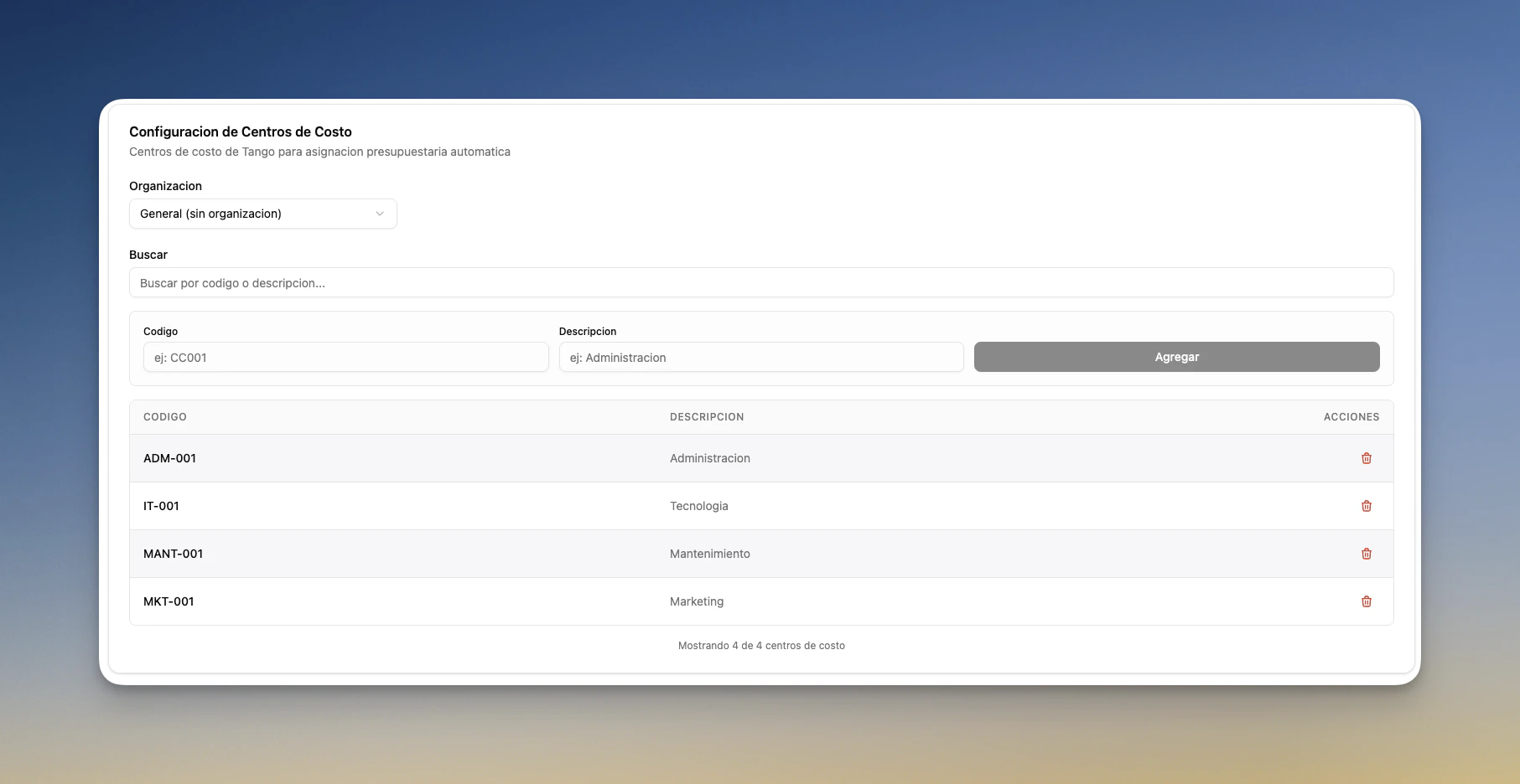 Configuración de centros de costo con códigos y descripciones