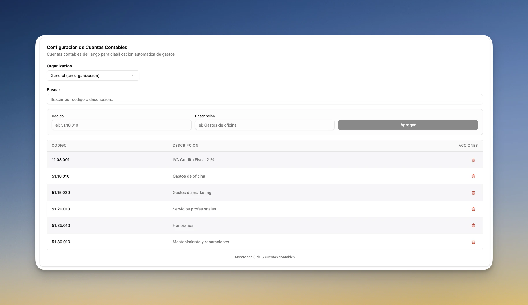 Configuración de cuentas contables con códigos y descripciones