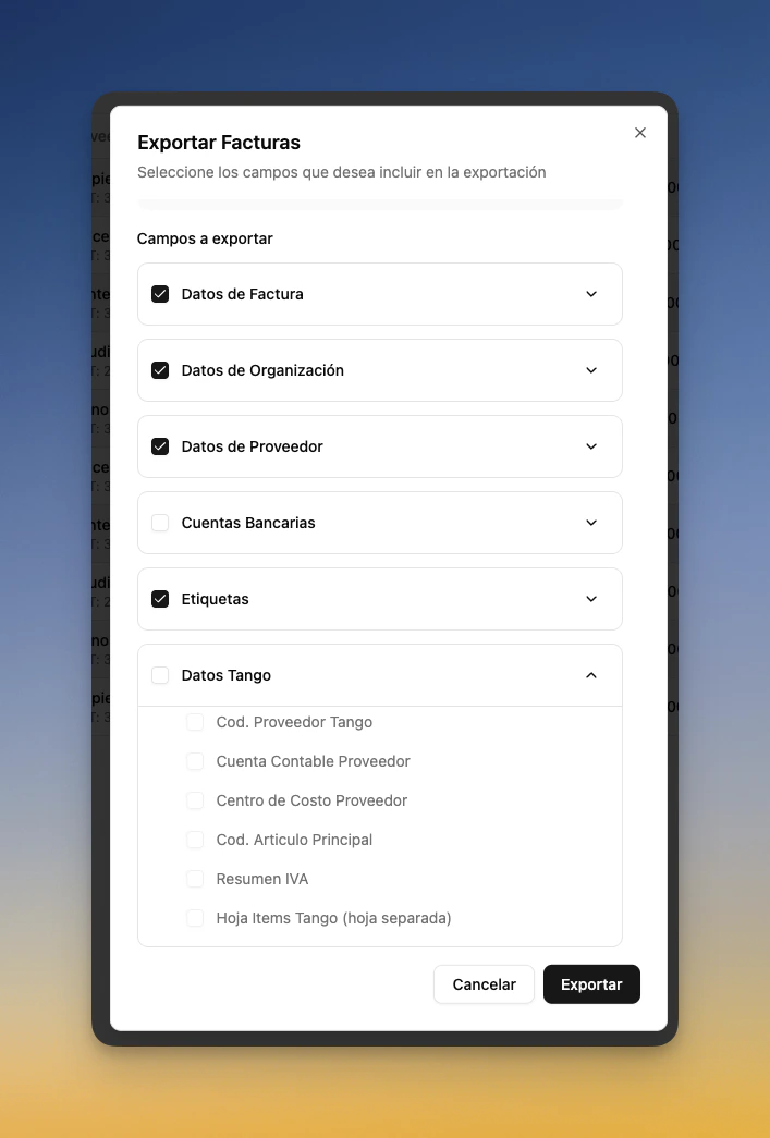 Modal de exportación mostrando los campos de Datos Tango disponibles para incluir