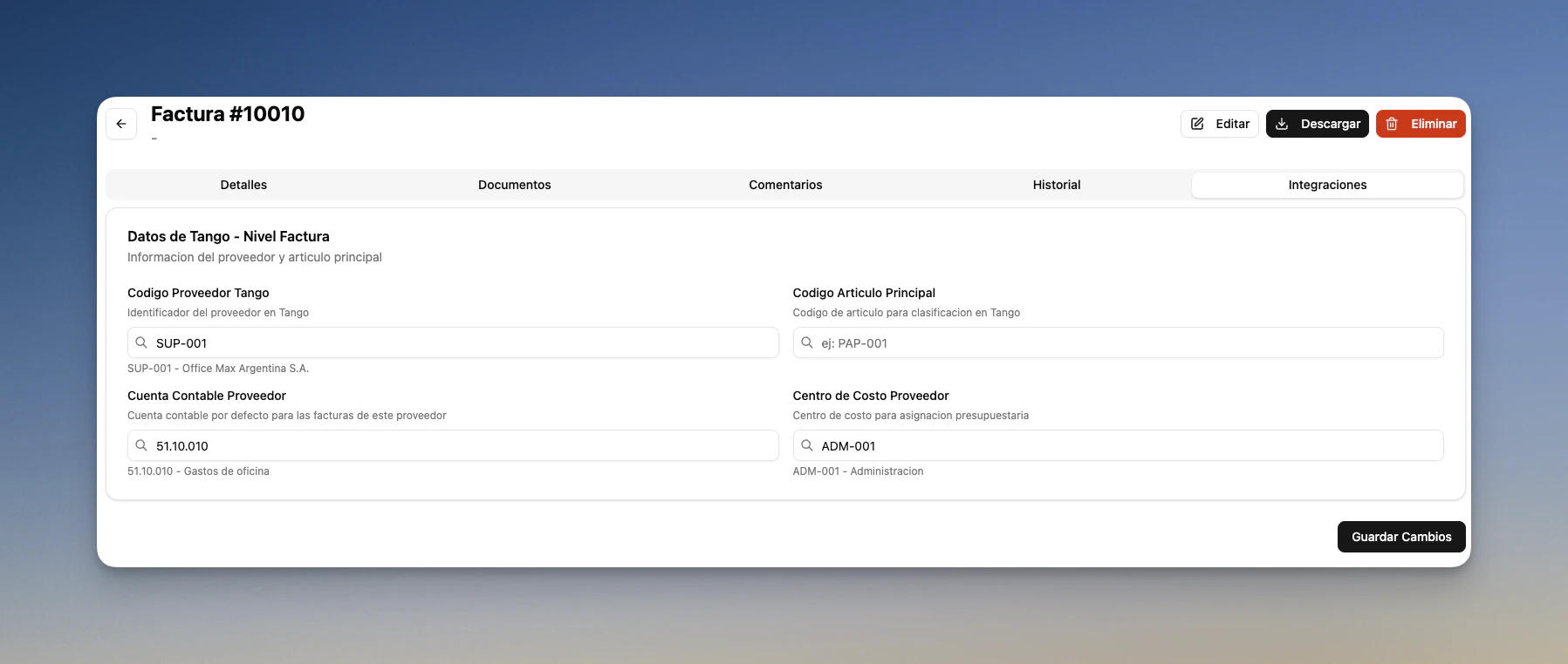 Tab de Integraciones en el detalle de una factura mostrando los datos de Tango asignados