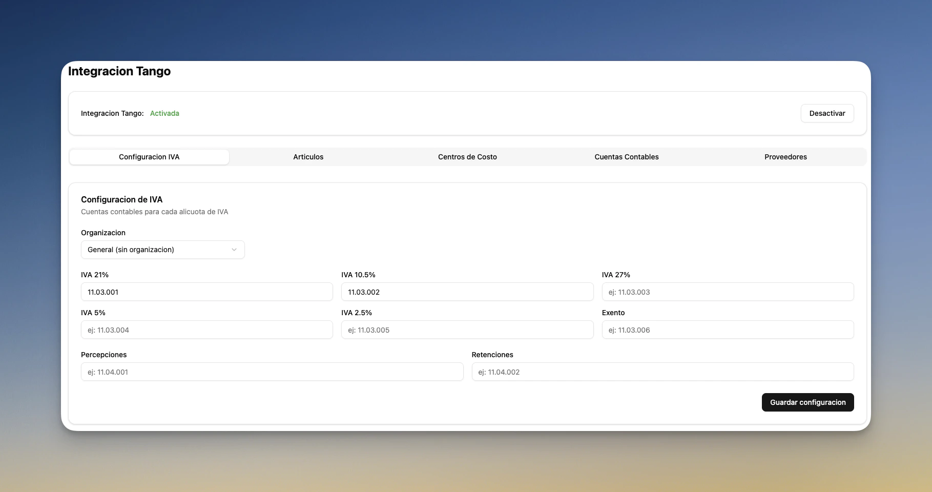Vista general de la integración Tango activada con las 5 pestañas de configuración