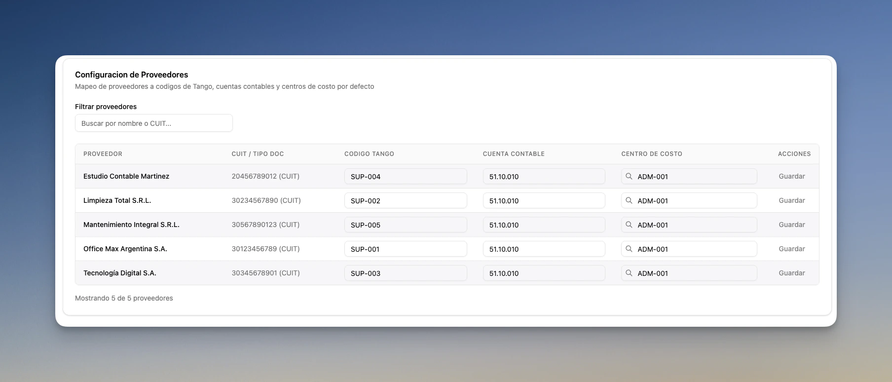 Configuración de proveedores con código Tango, cuenta contable y centro de costo