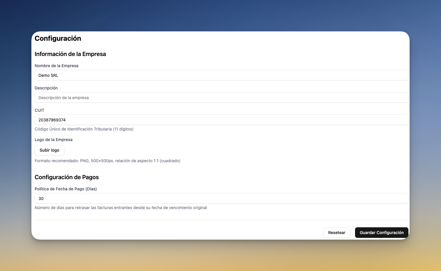 Pantalla de configuración de la empresa