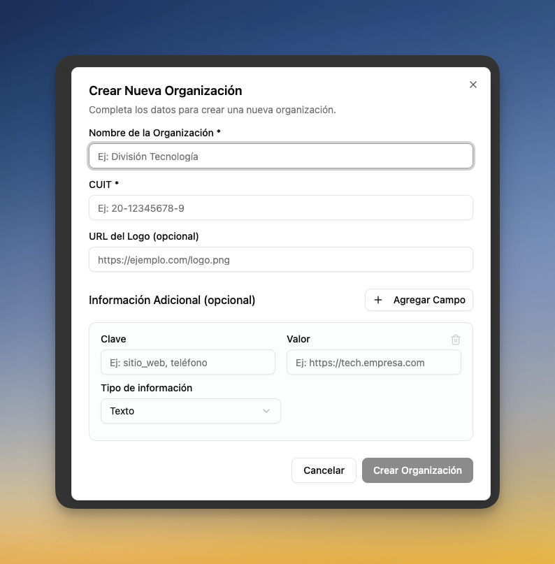 Modal para crear una nueva organización