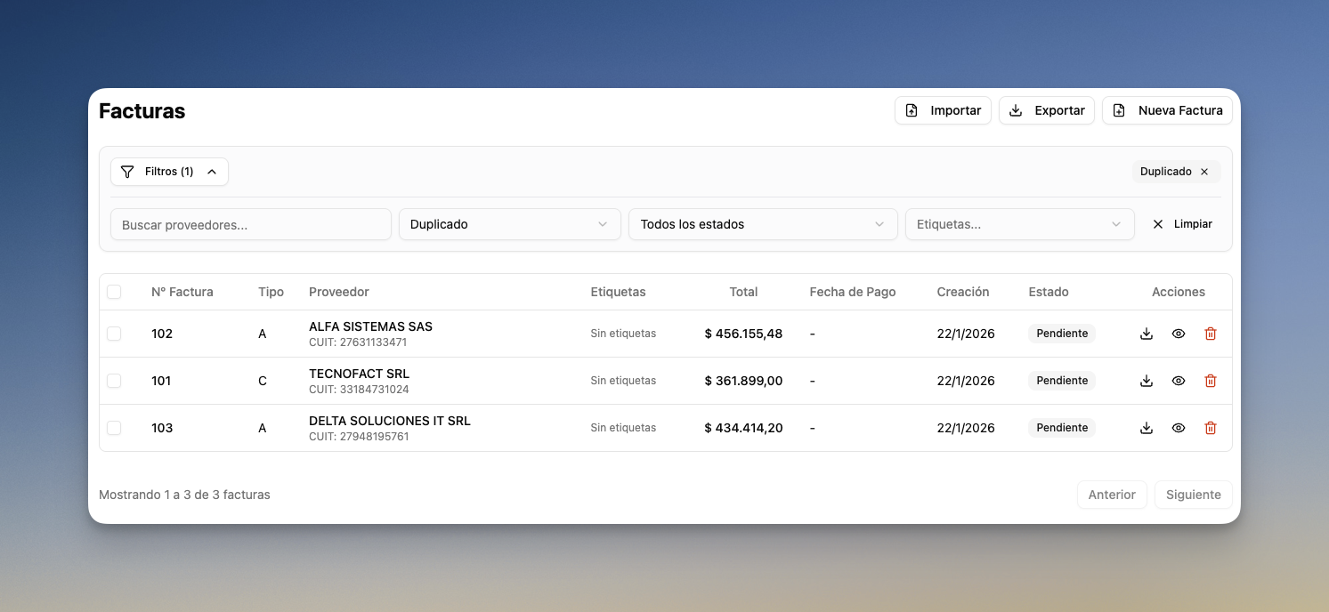 Lista de facturas filtrada por estado Duplicado