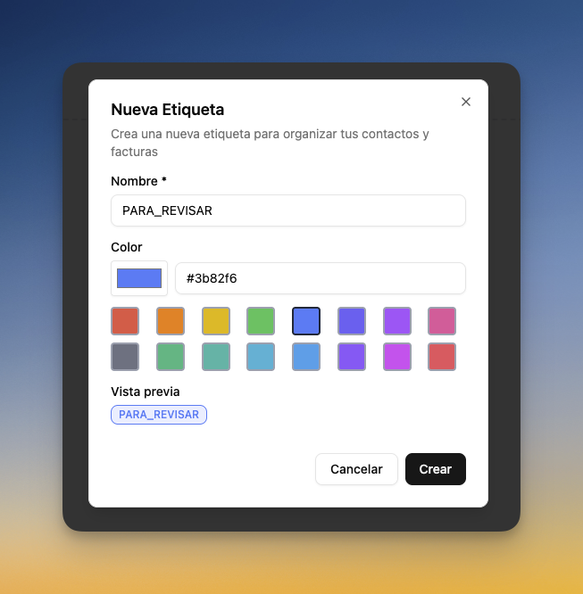 Modal para crear una nueva etiqueta de factura