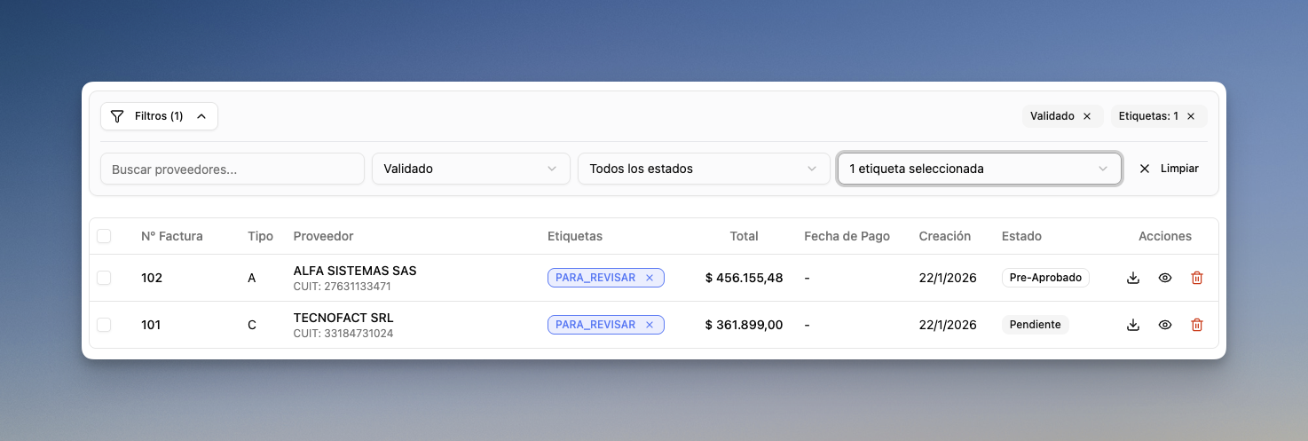 Filtrar facturas por etiquetas
