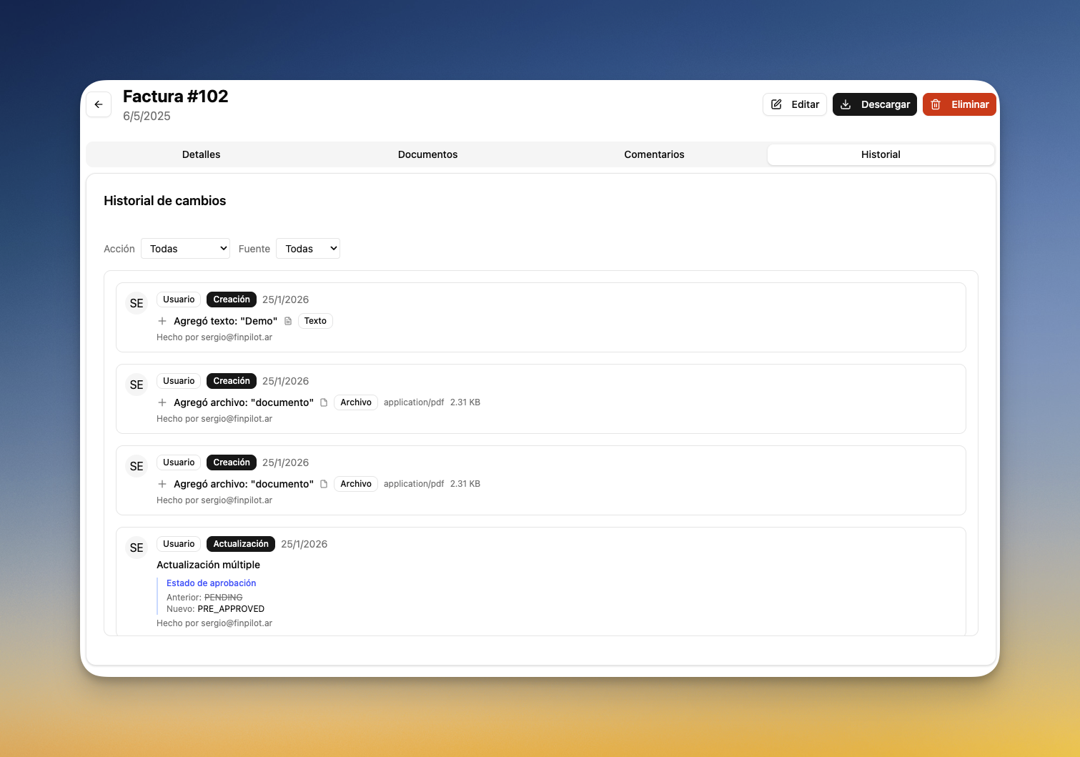 Historial de cambios de una factura