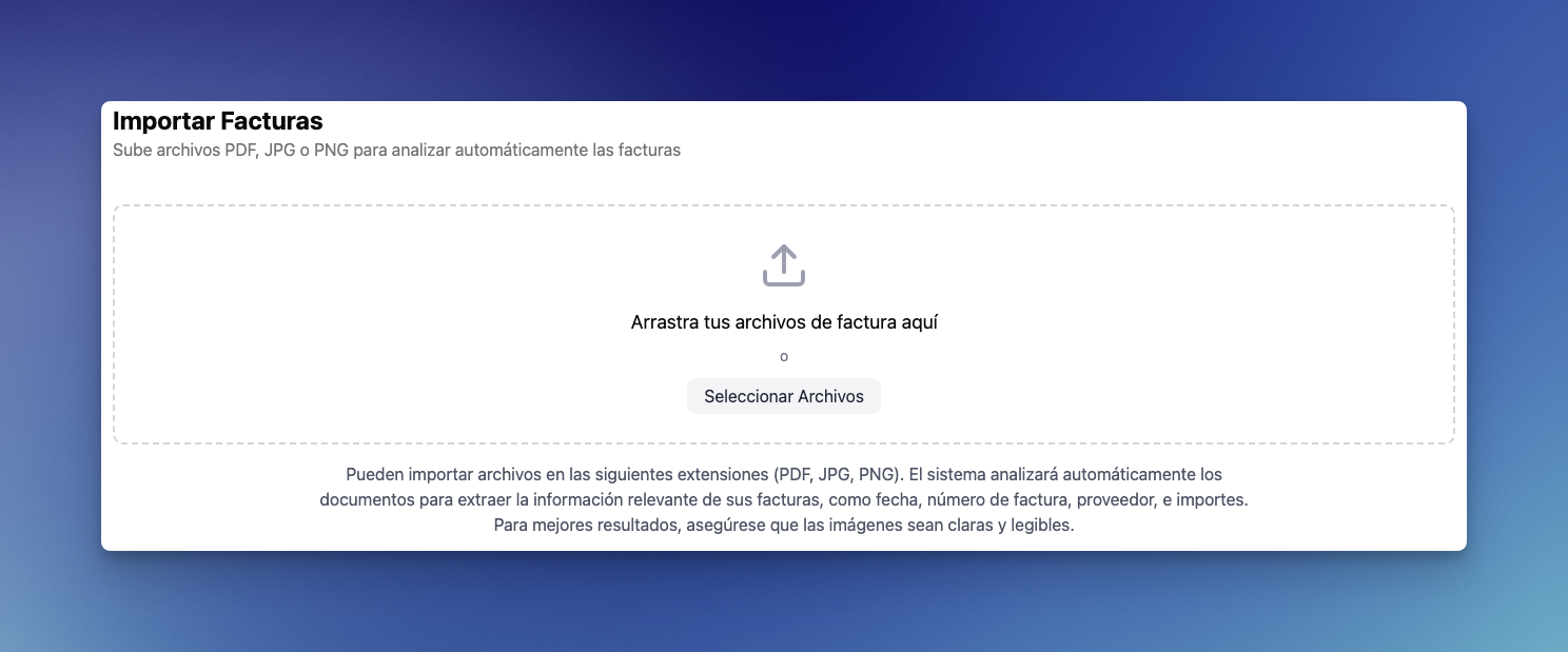 Pantalla de importación de facturas en FinPilot