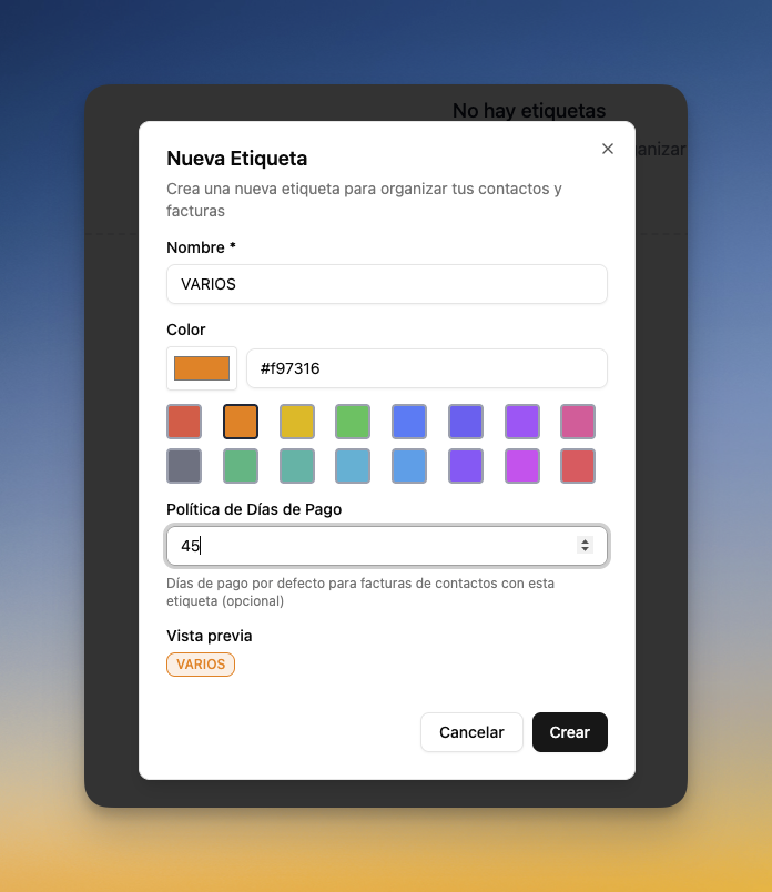 Crear etiqueta con política de días de pago
