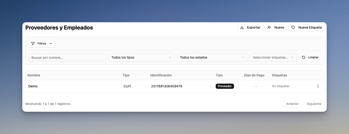 Listado de proveedores con opción de exportar