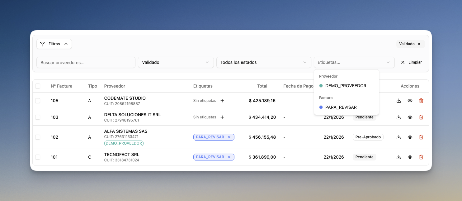 Filtrar facturas por etiquetas de proveedores