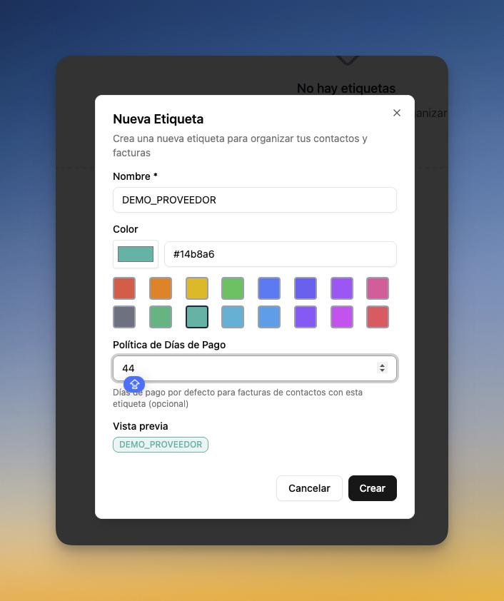 Modal para crear una nueva etiqueta de proveedor
