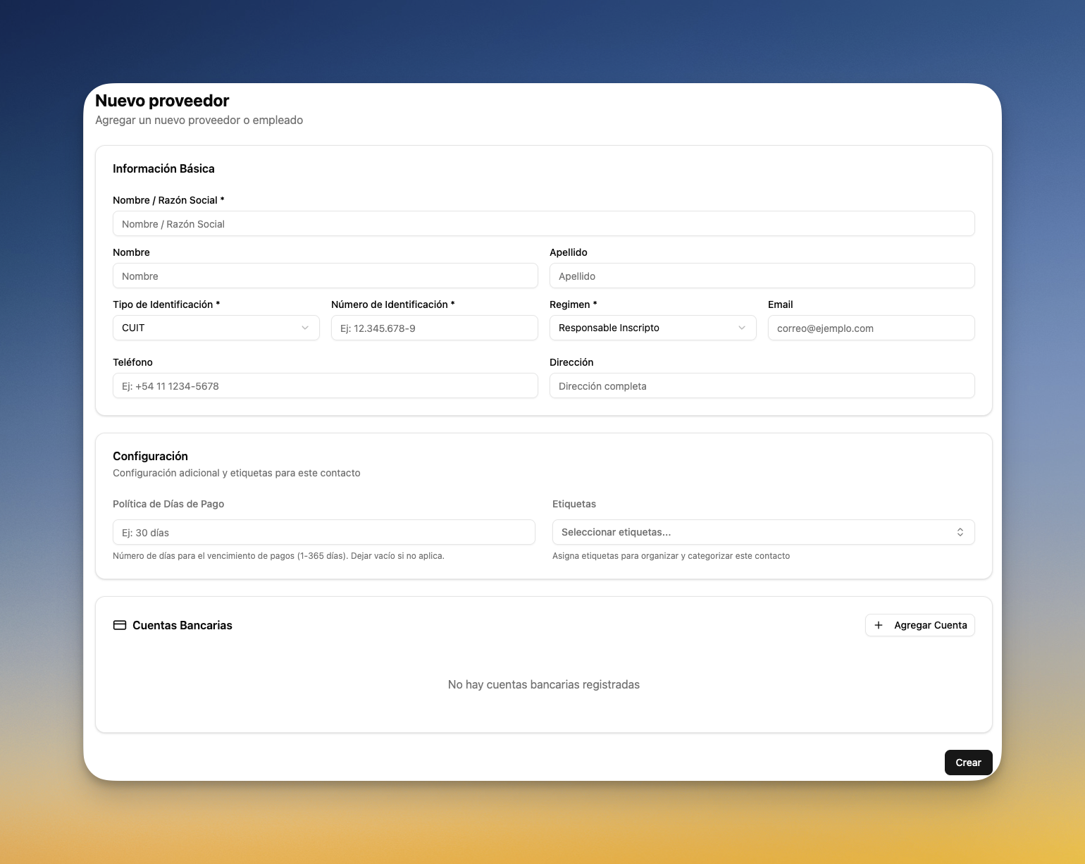 Formulario para crear un nuevo proveedor
